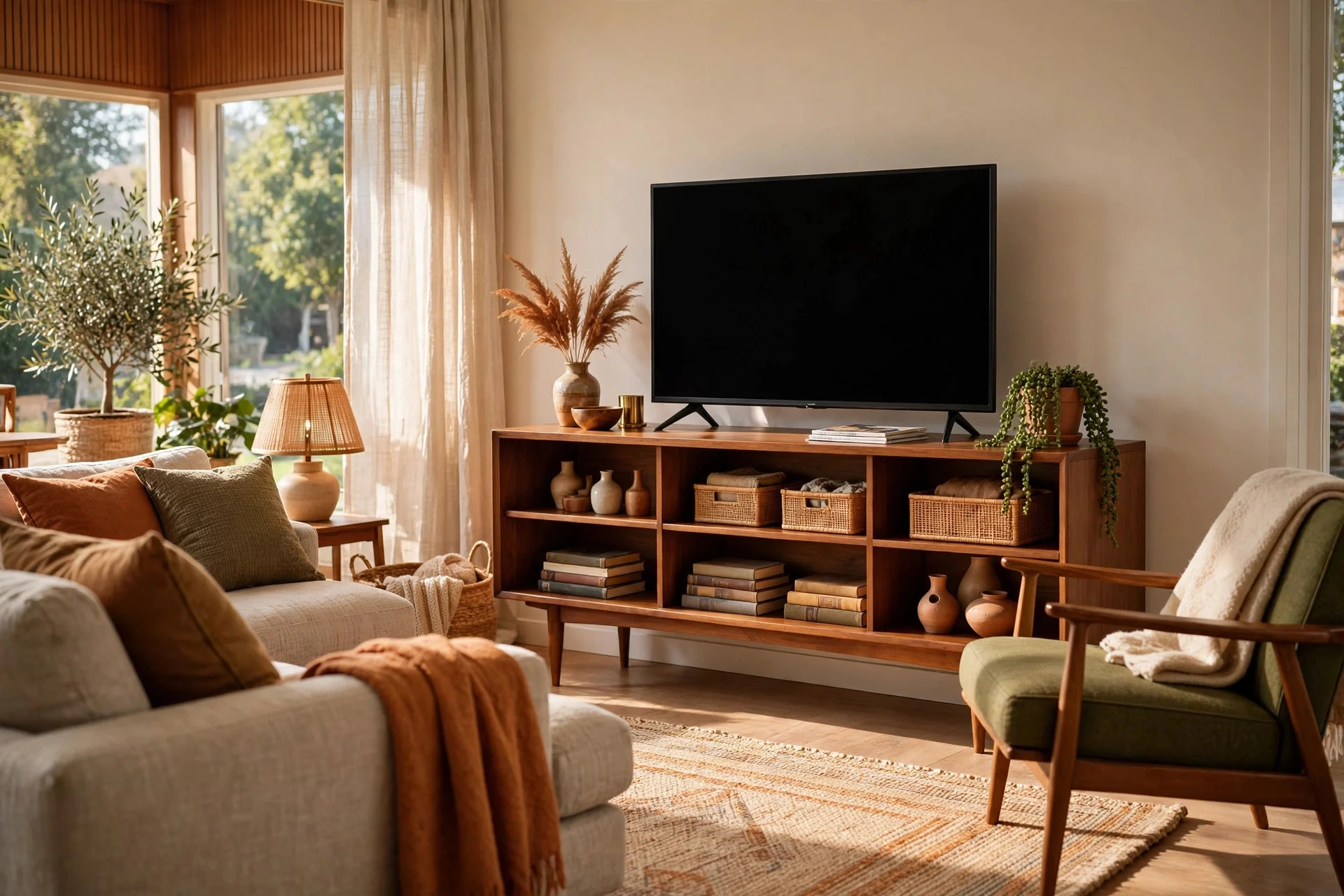 Television on wooden console stand with styled storage shelves