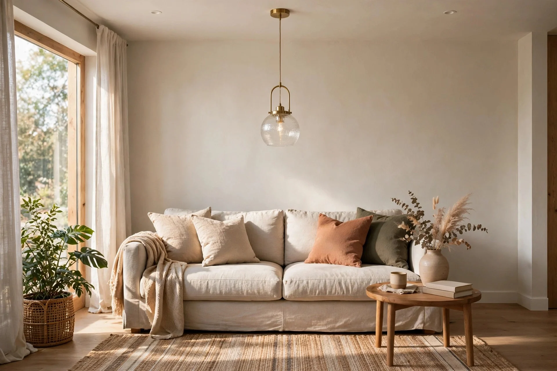 Glass pendant light hanging over a cozy living room seating area