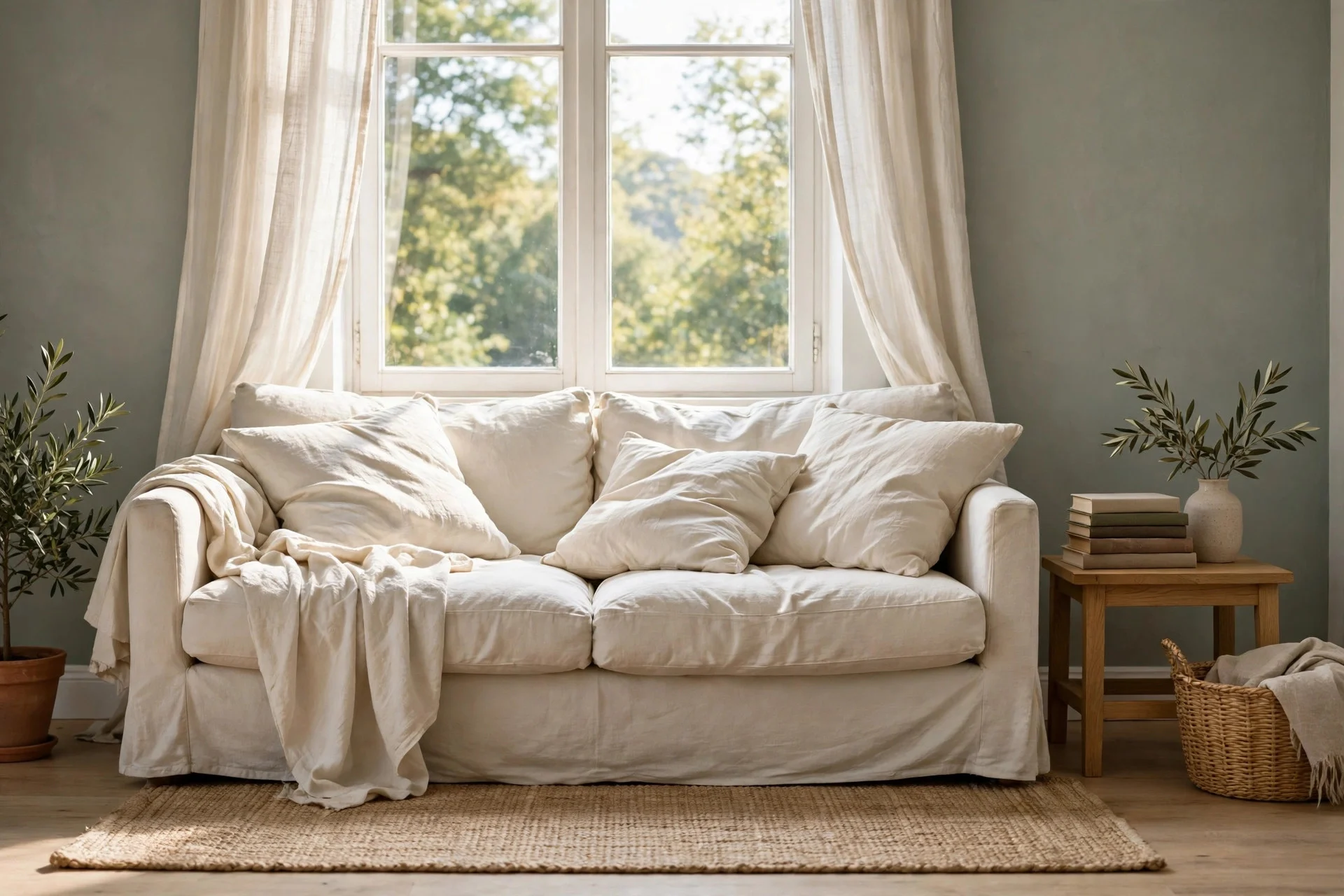 Cream linen sofa against soft sage green walls in warm sunlight