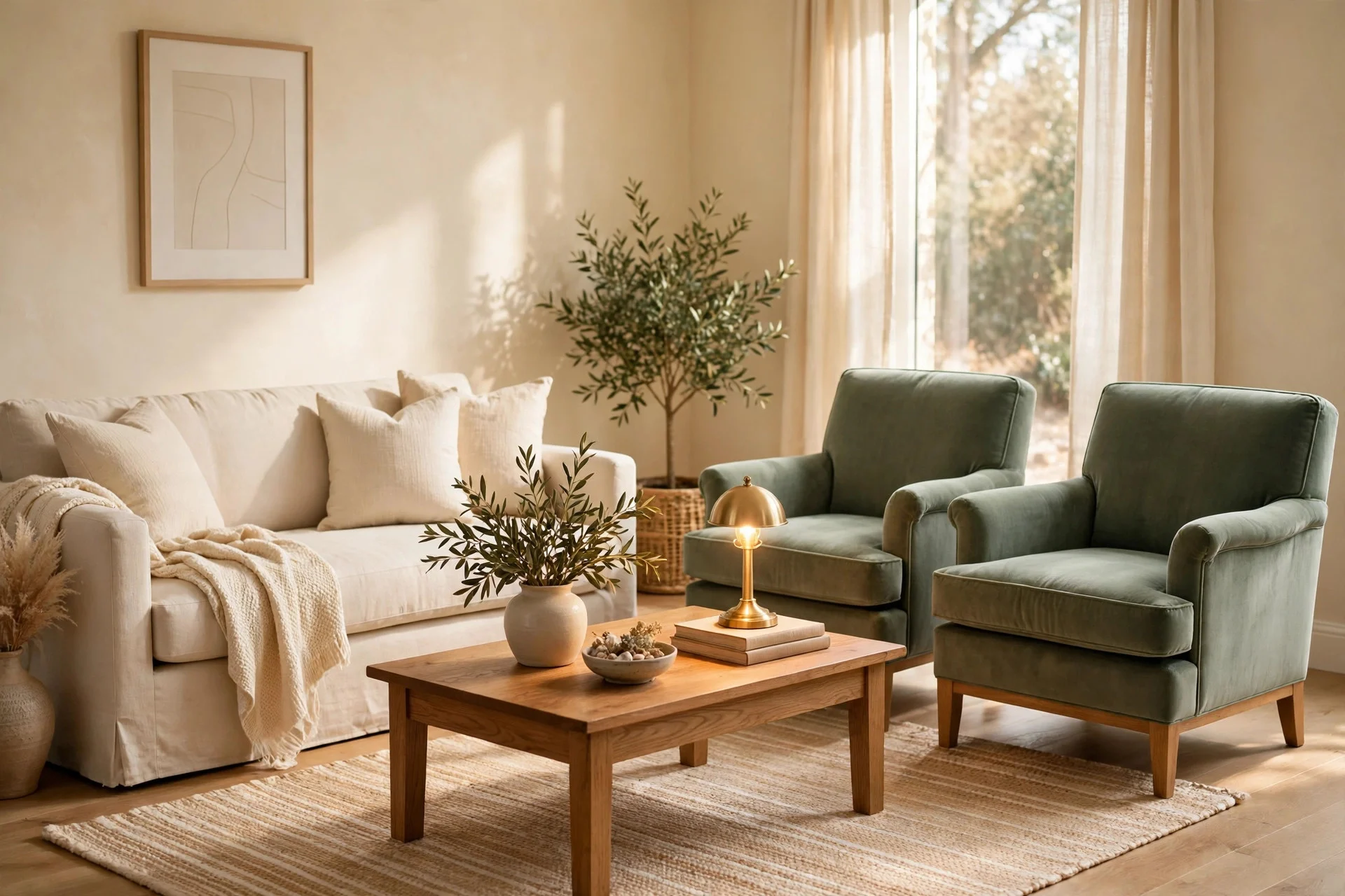 Two sage velvet armchairs against cream walls with wooden coffee table