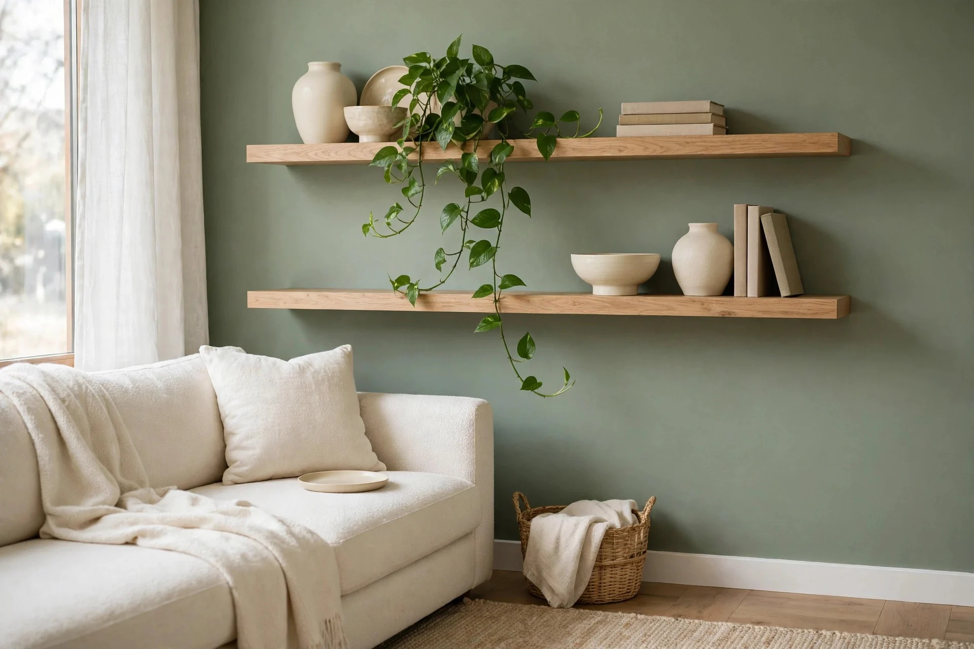 Sage green accent wall with floating wooden shelves and cream ceramics