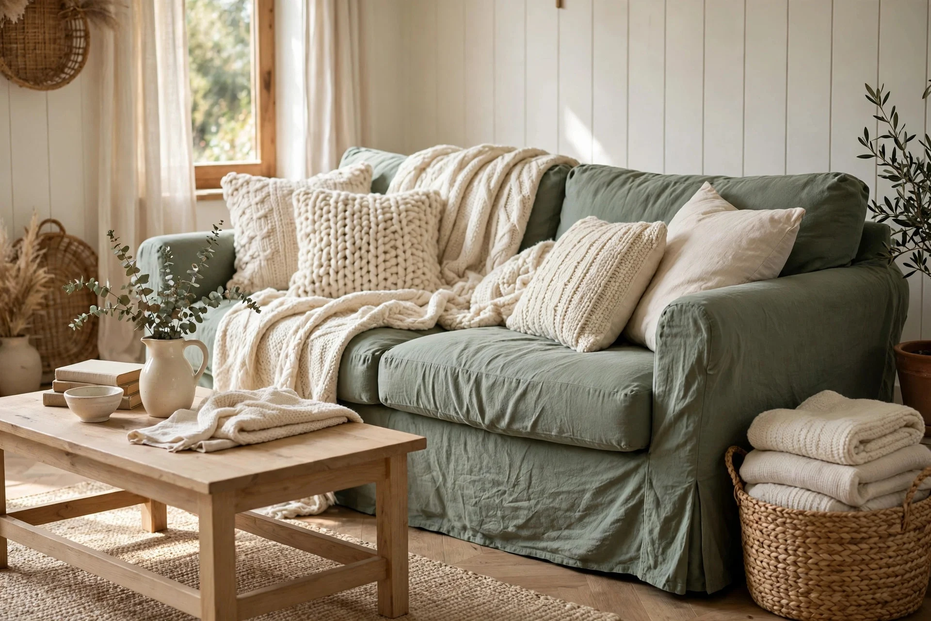 Sage slipcovered sofa layered with cream knit throws and cushions