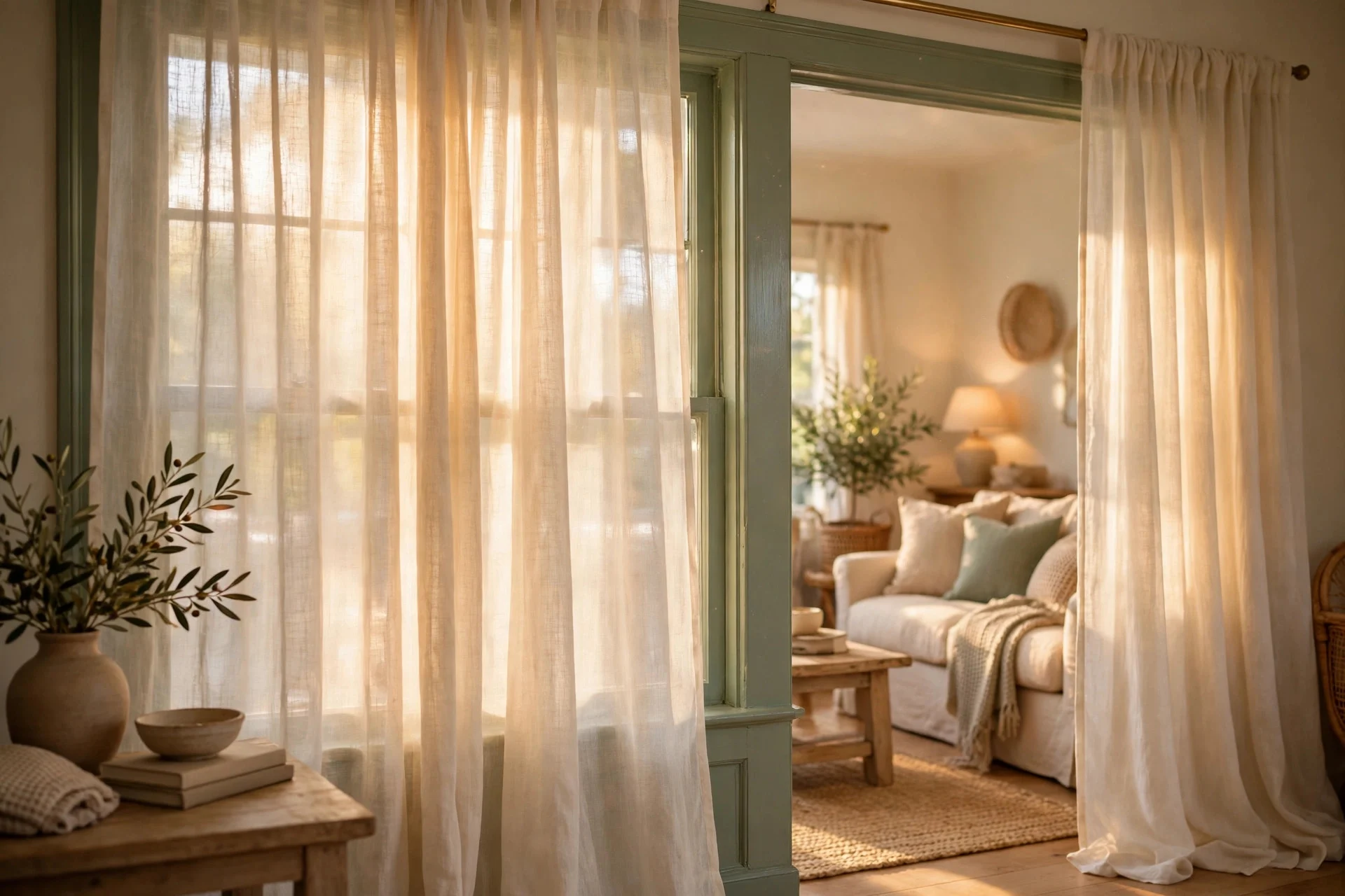 Cream linen curtains framing sage green painted window trim