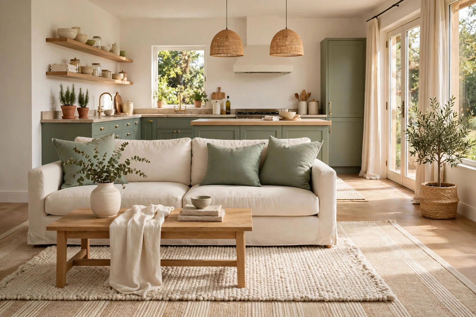 Open living room with sage green kitchen cabinets and cream layered rugs