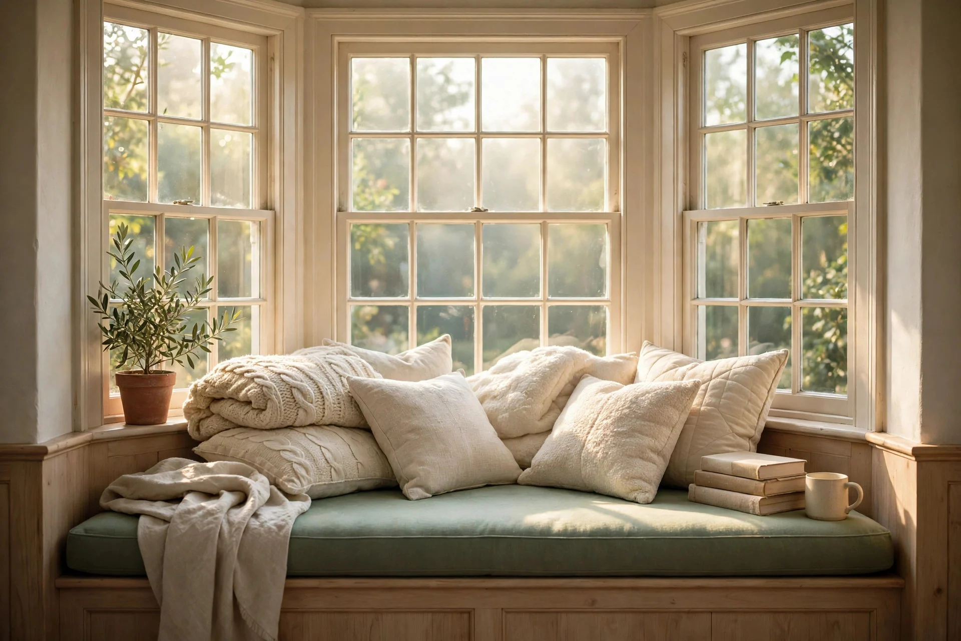 Bay window seat in sage green with layered cream cushions