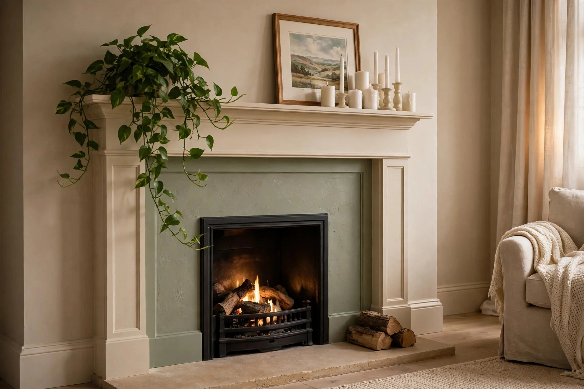 Fireplace with sage green surround and cream mantel with candles