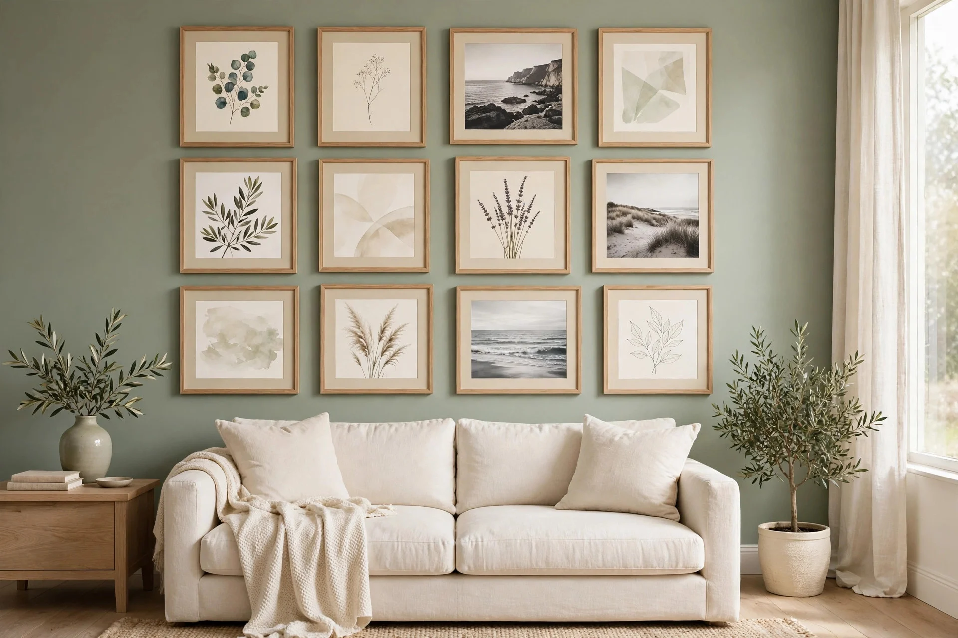 Gallery wall with cream frames arranged on sage green wall