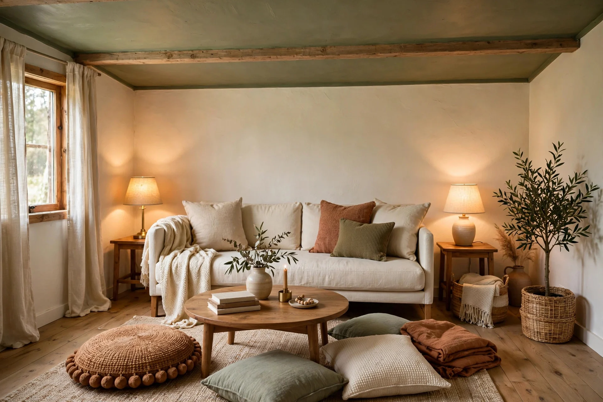 Low ceiling living room with warm sage walls and cream furniture