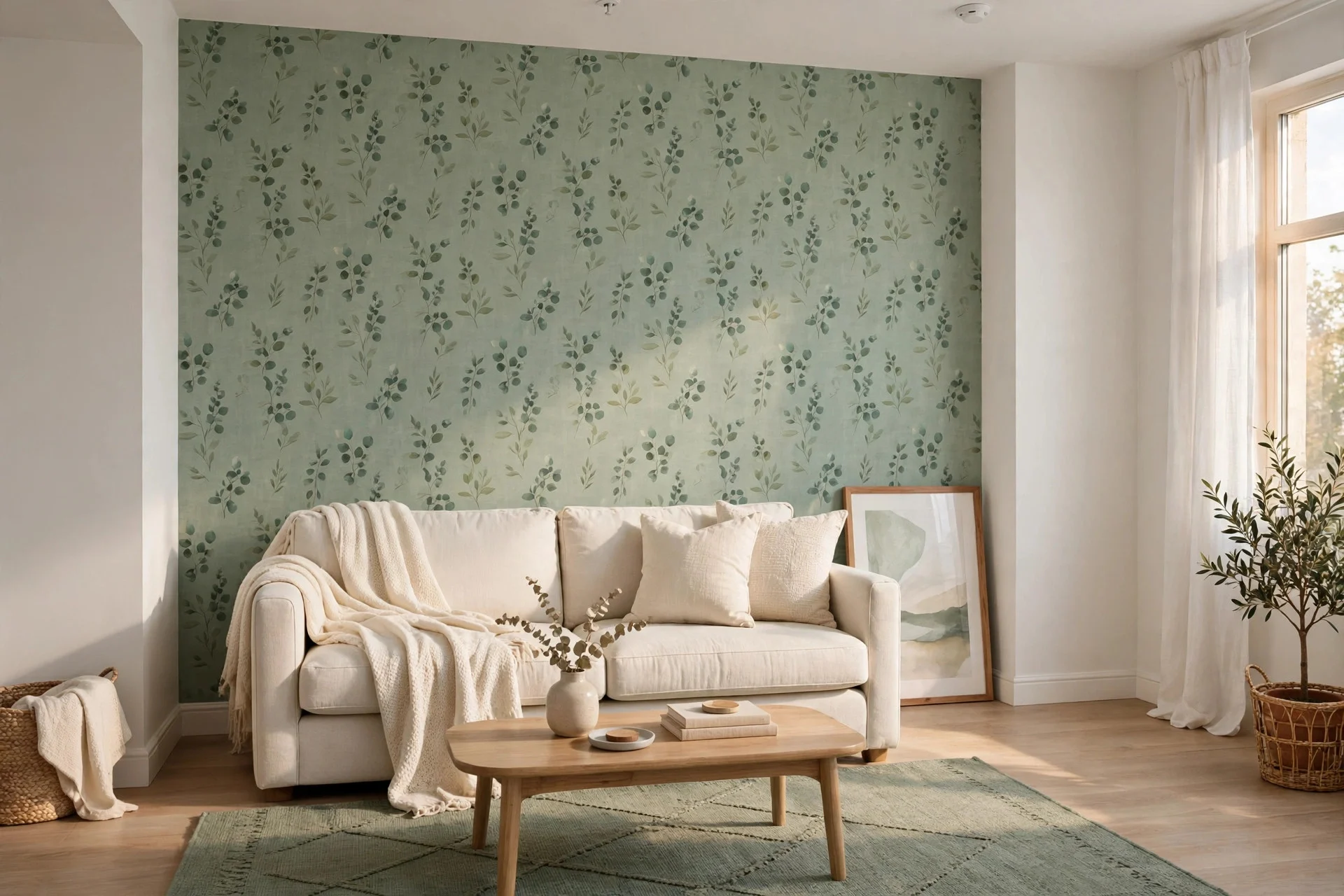 Rental living room with sage peel and stick wallpaper and cream sofa