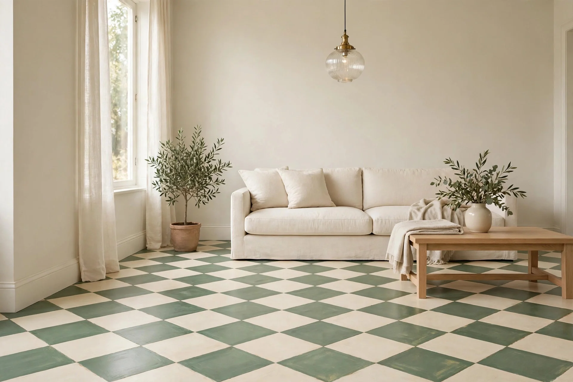 Sage and cream checkerboard painted floor in living room