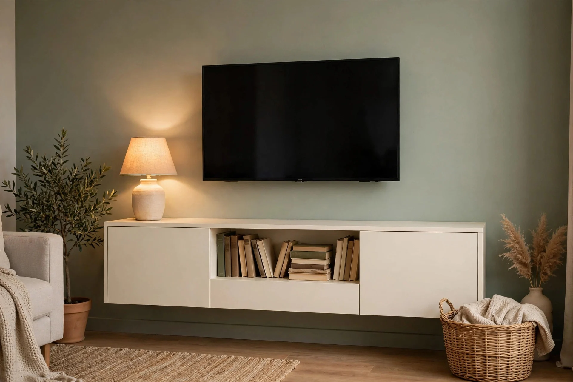 TV mounted on sage green wall above cream floating media console