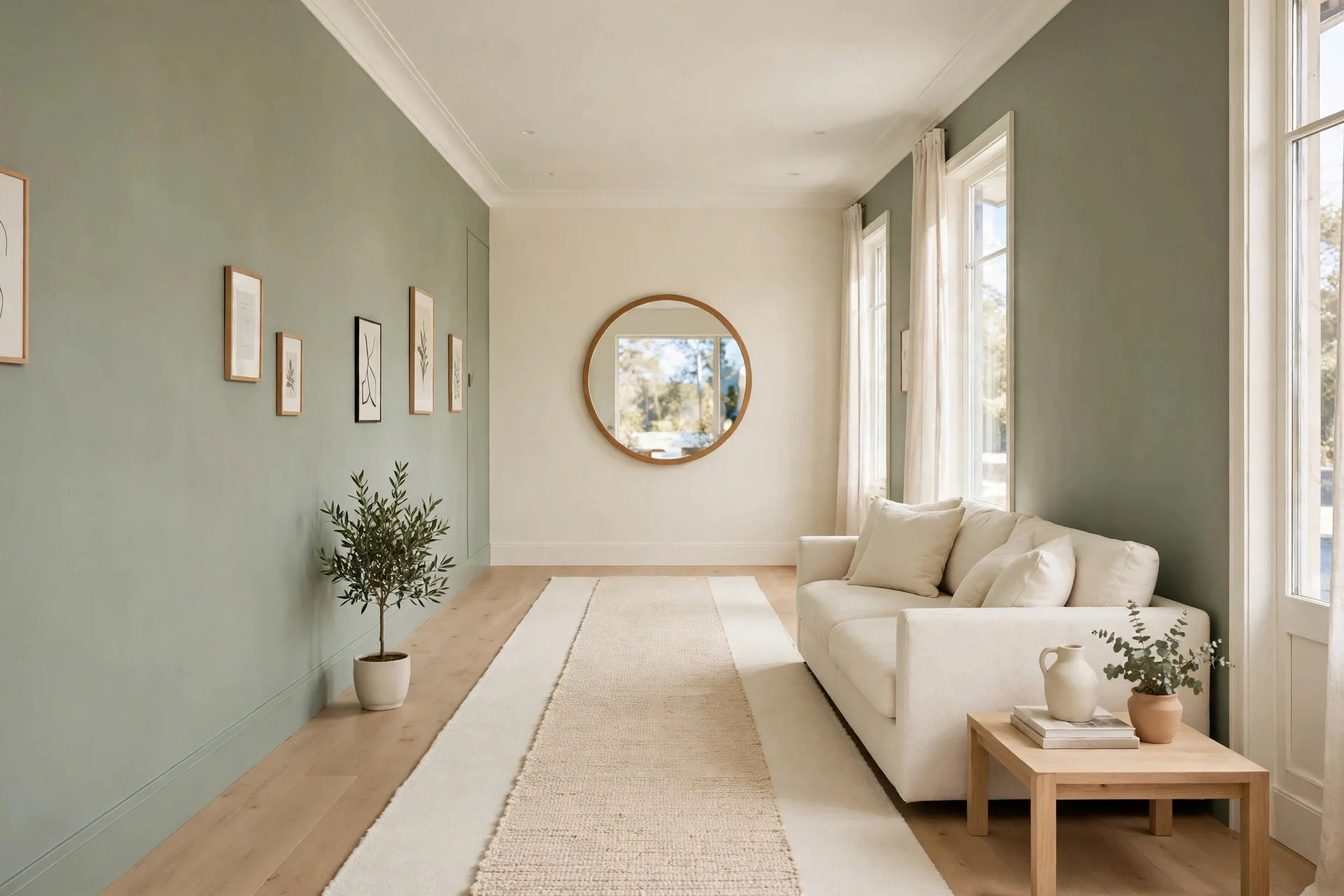 Narrow living room with sage green walls and long cream runner