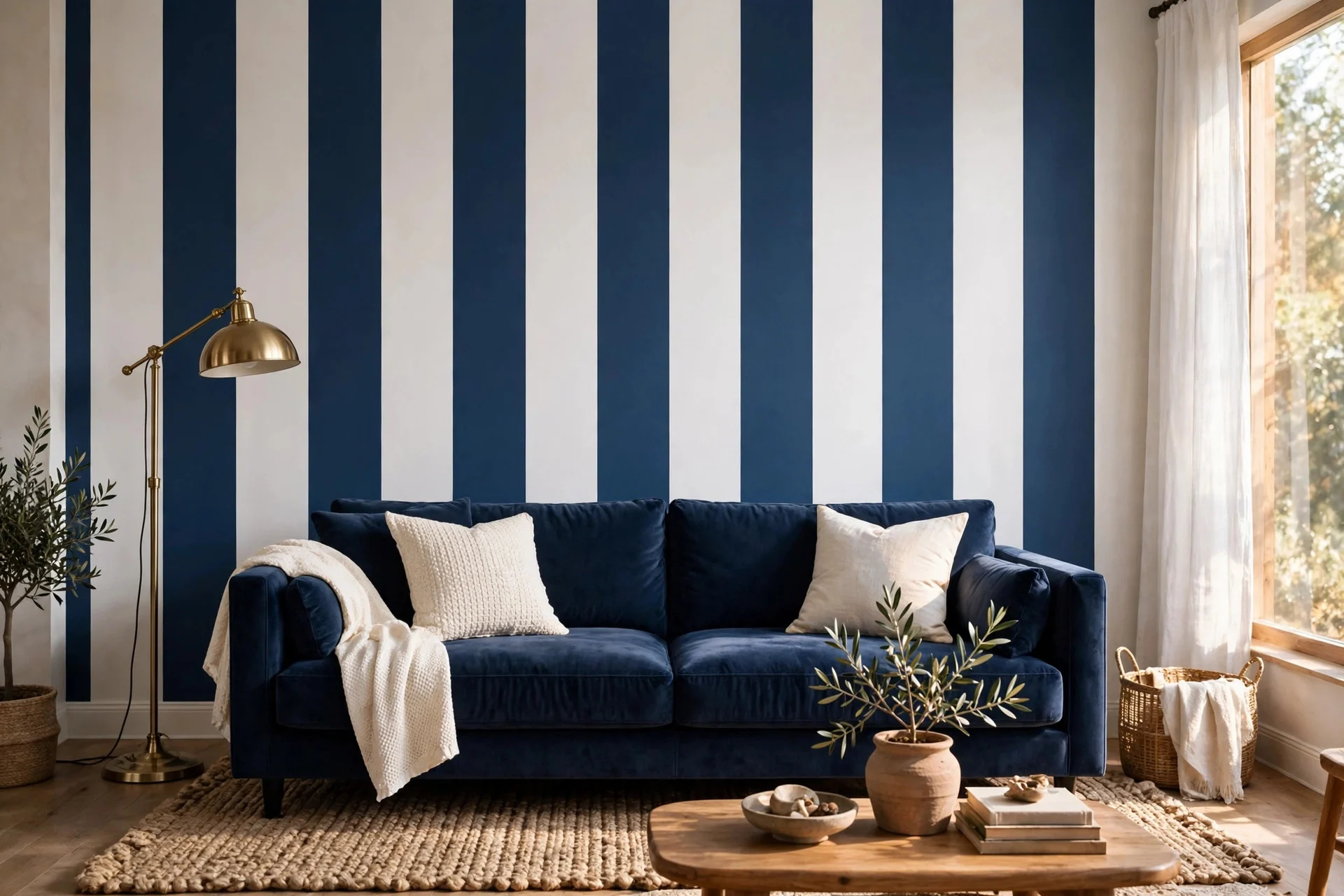 Living room with wide navy and white vertical striped wall and velvet sofa