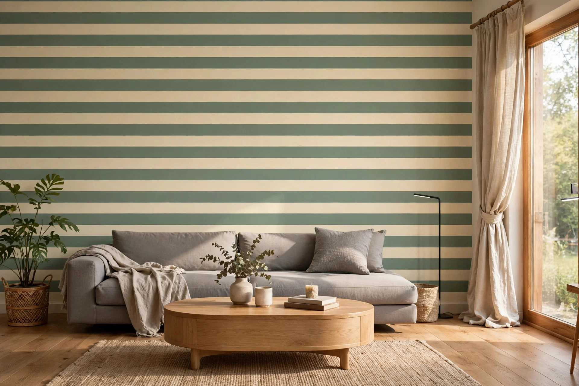 Living room with horizontal sage and cream striped wall behind sofa