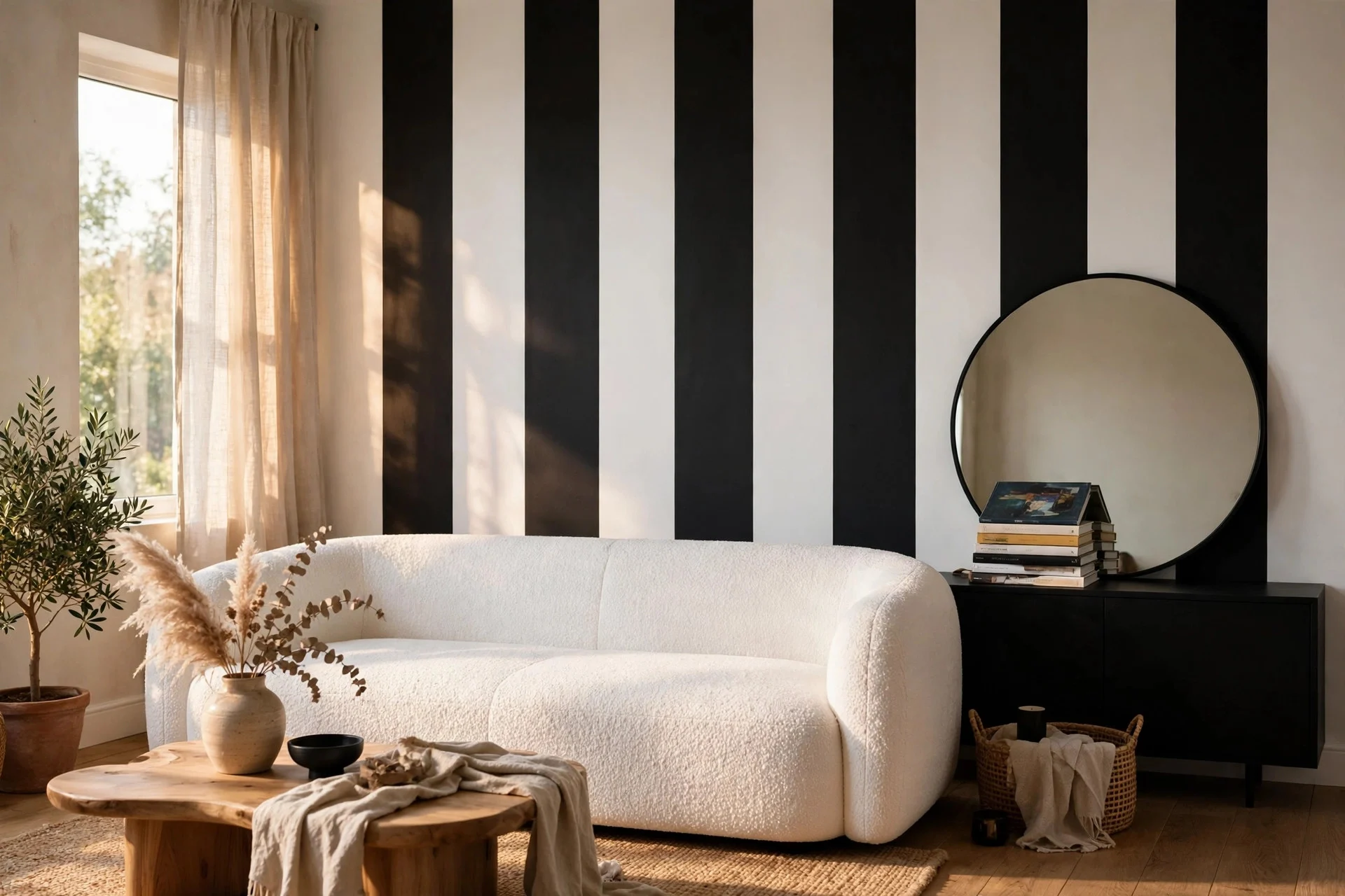 Living room with bold black and white striped wall and boucle sofa