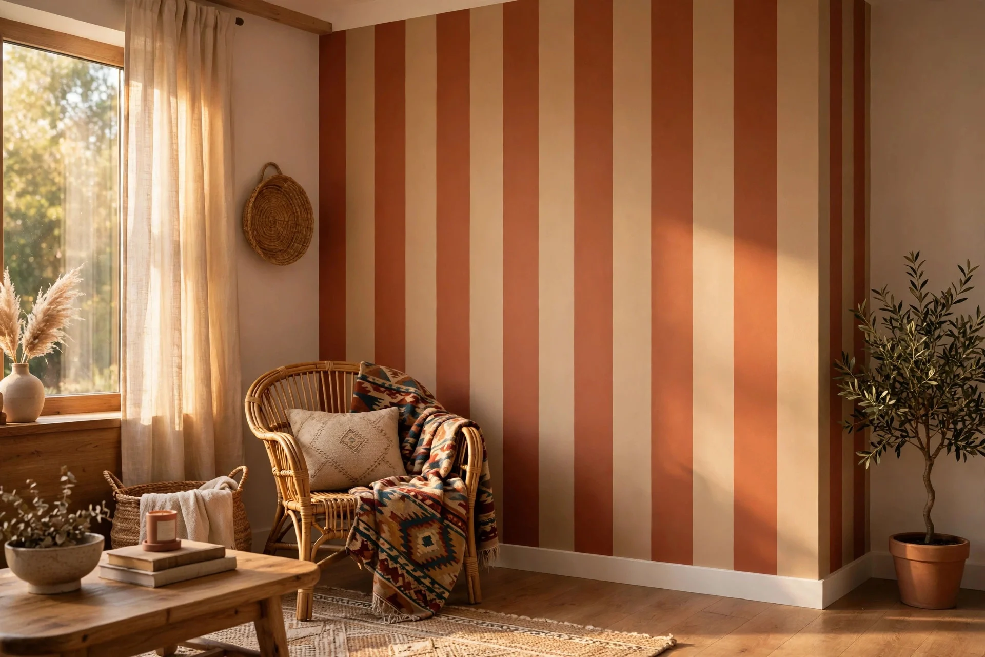 Cozy living room with terracotta and beige striped wall and rattan chair