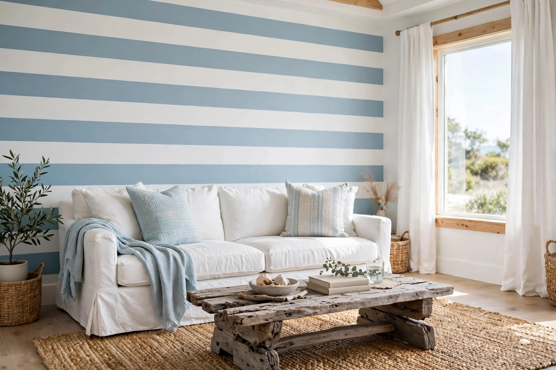 Bright coastal living room with blue and white striped wall and sofa