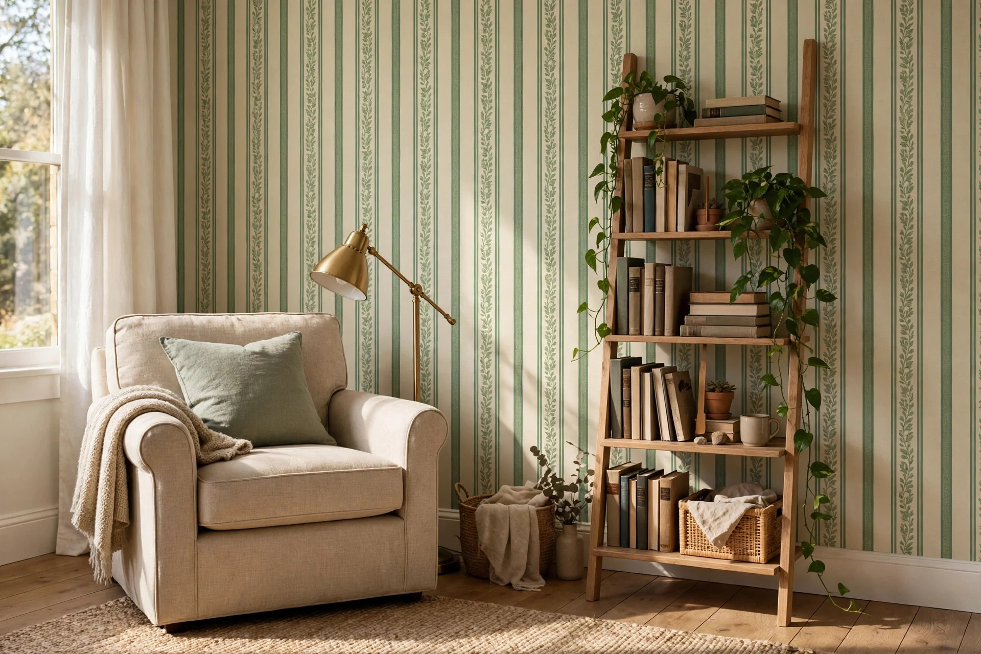 Reading corner with green and cream striped wallpaper and bookshelf