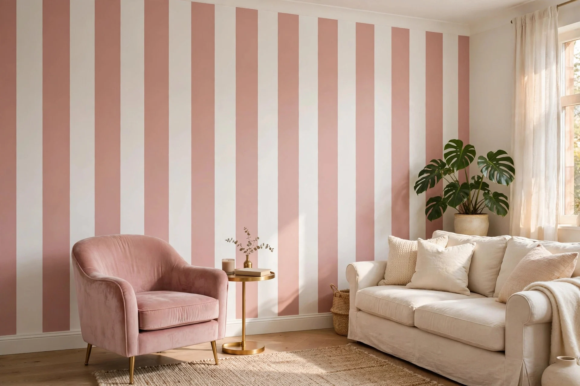 Living room with blush pink and white striped wall and velvet chair