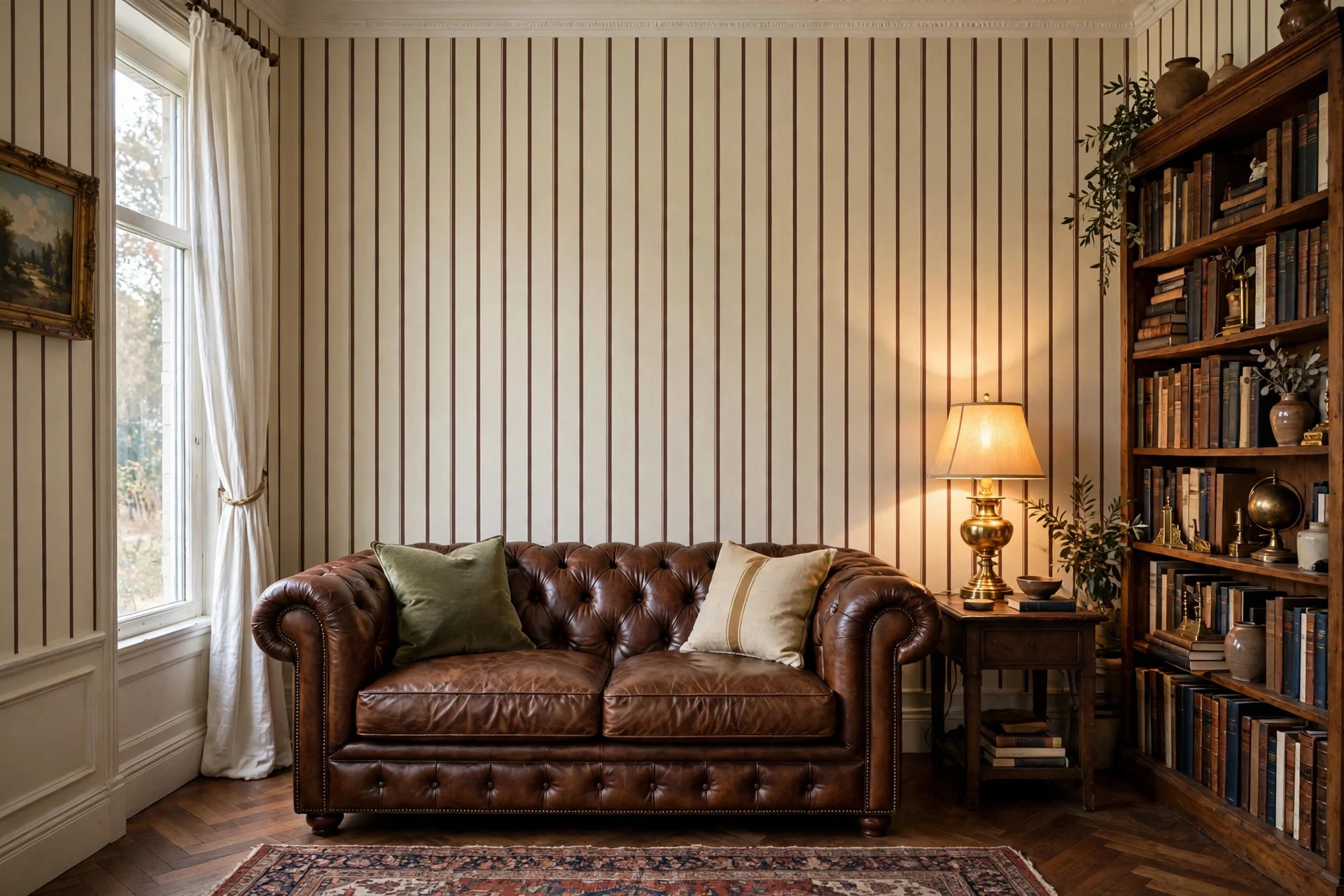 Classic living room with chocolate and cream striped wall and leather sofa