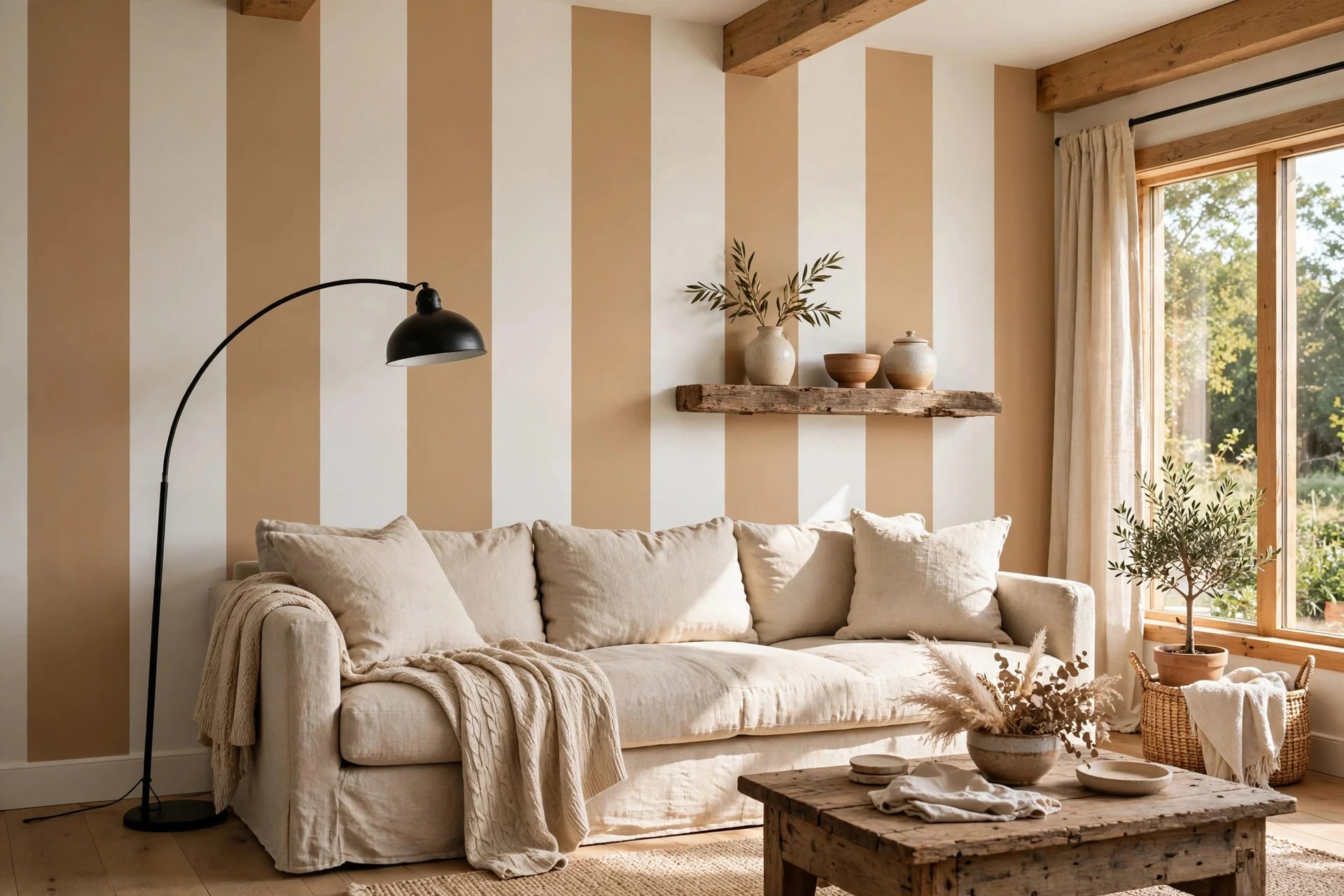 Farmhouse living room with camel and white striped wall and linen sofa