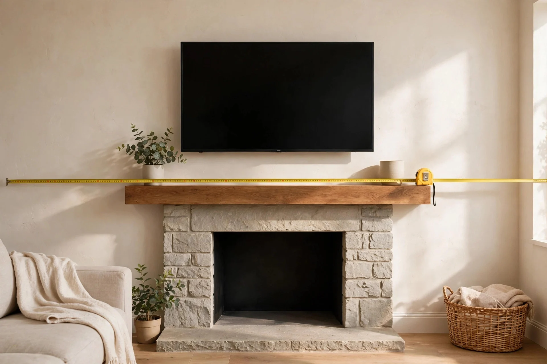 Measuring tape held across TV mounted above a fireplace mantel