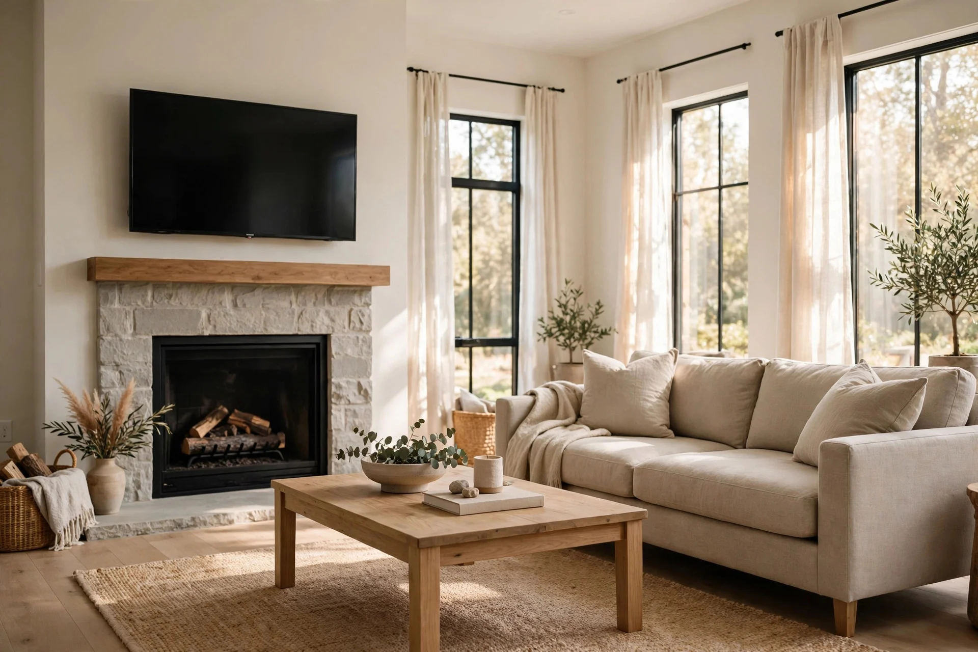 Side view of living room with TV mounted low above fireplace