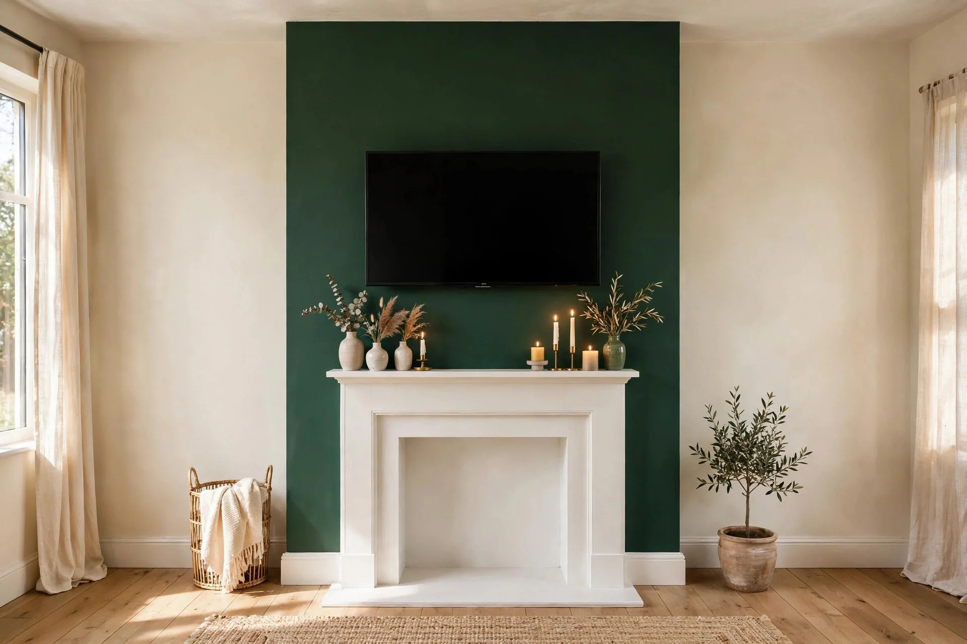 Chimney breast painted deep green with TV above the fireplace