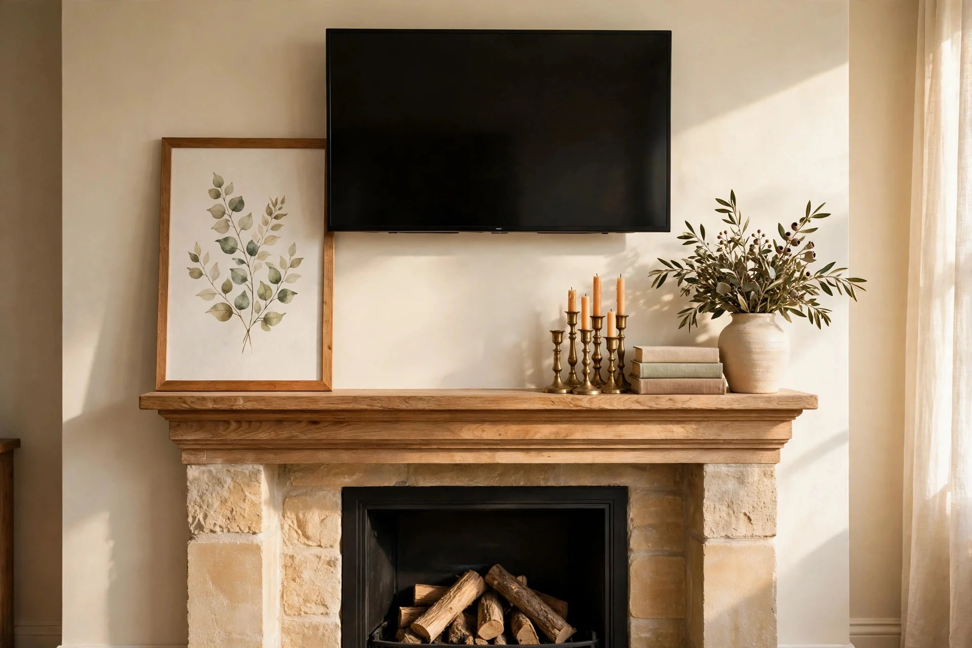 Mantel styled in layers with leaning framed art under a TV