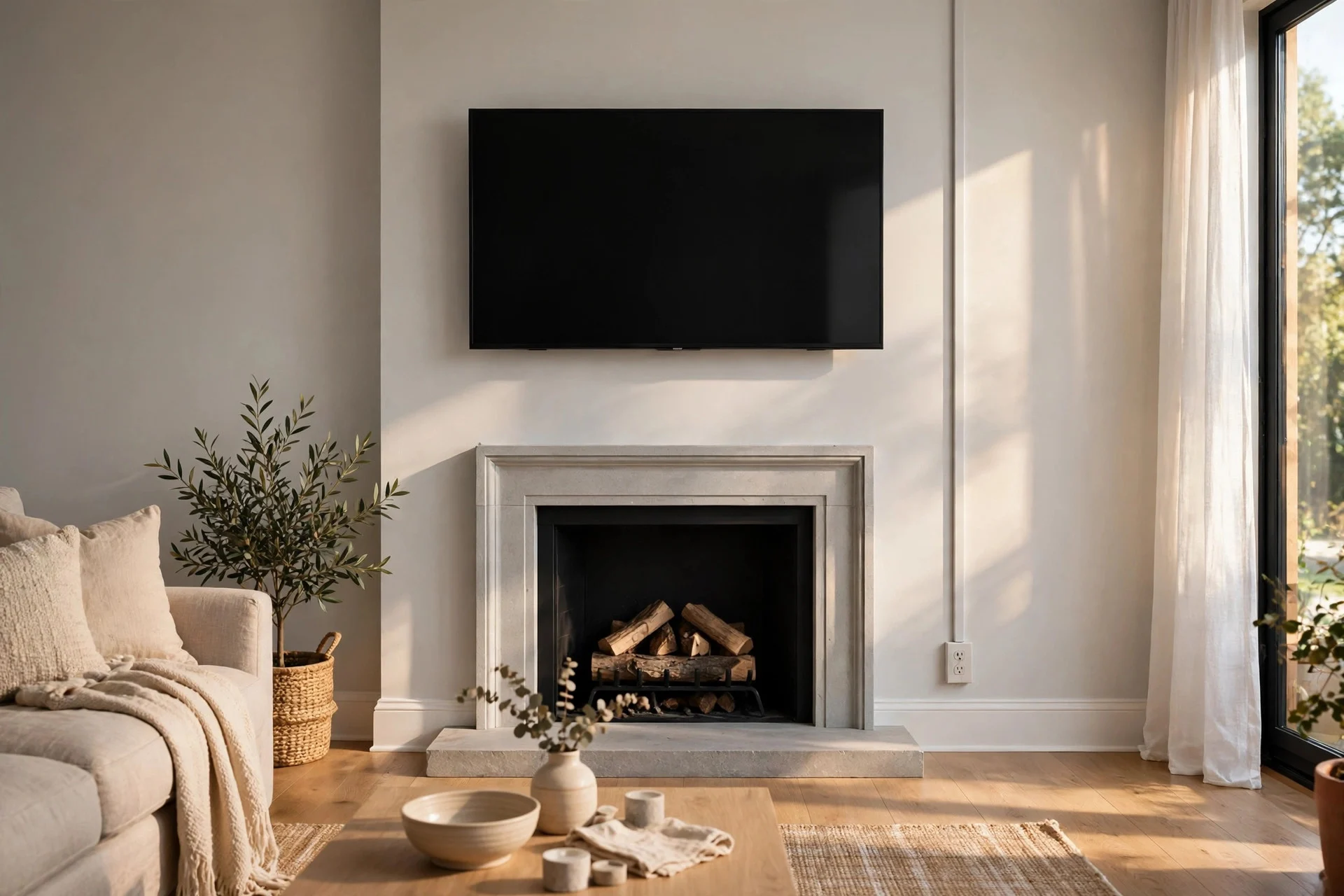 Cord cover channel concealing TV cables on a fireplace wall