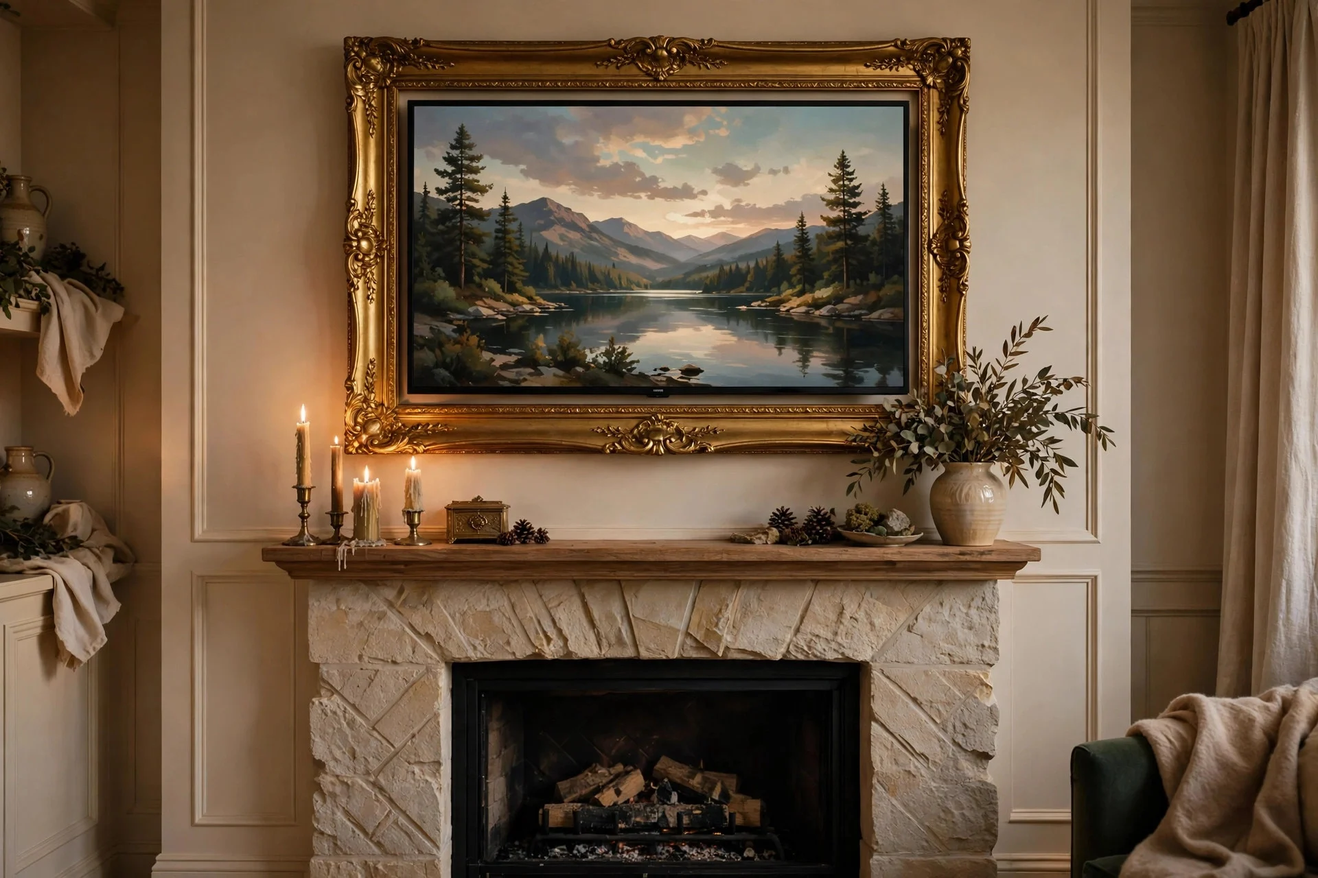 TV above a fireplace framed with a gold picture frame bezel
