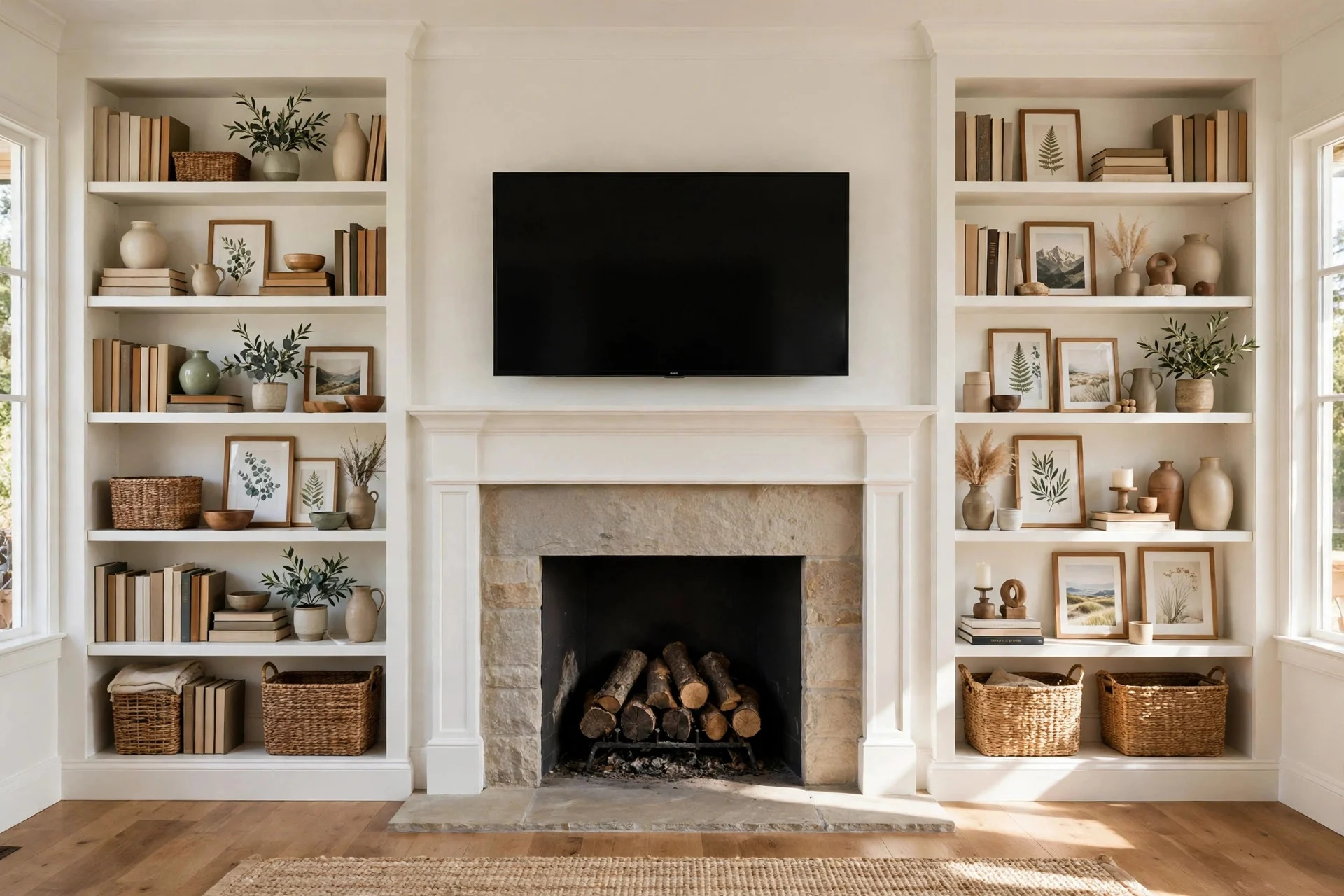 Built-in bookshelves flanking a TV mounted above a fireplace