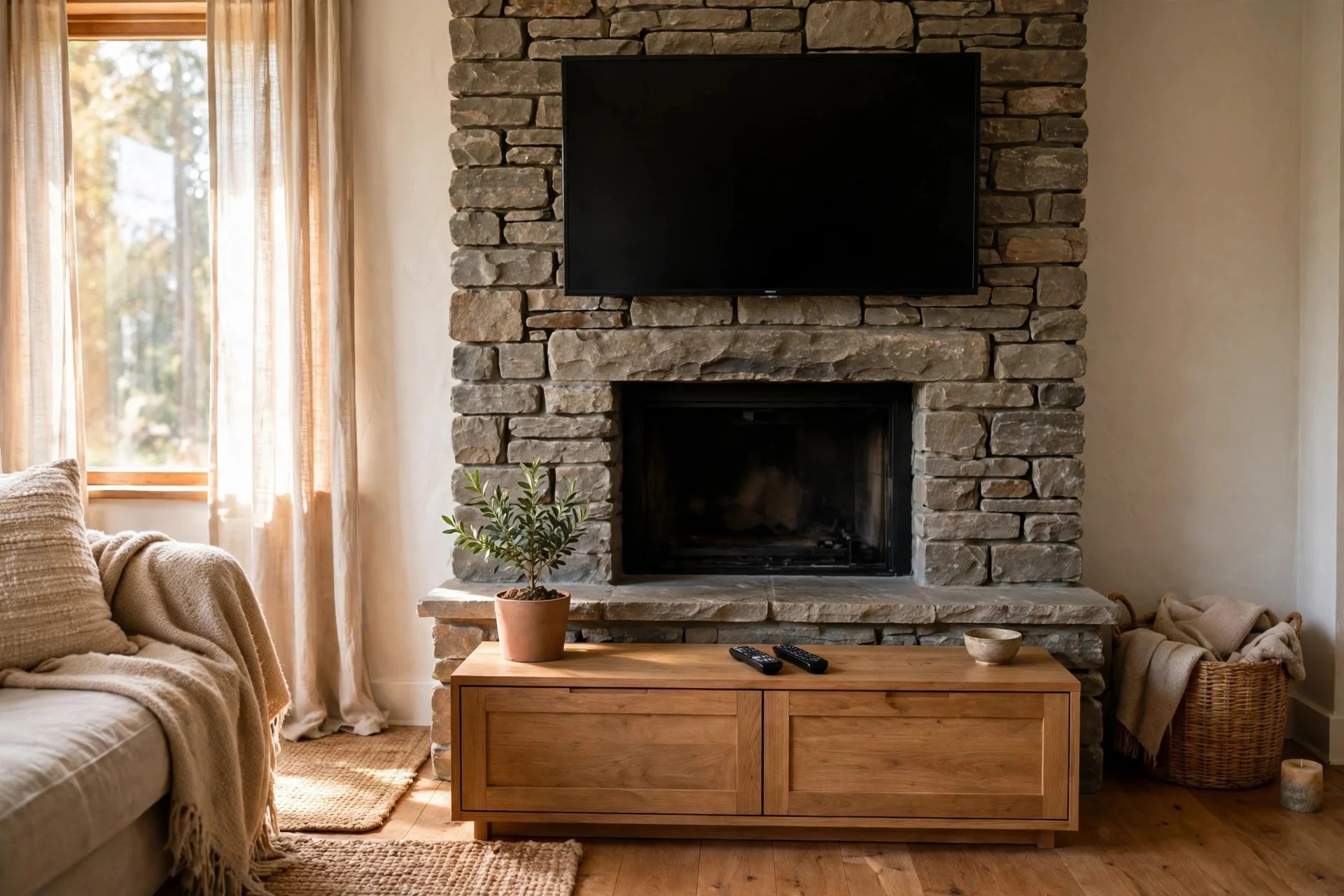 Low wooden media console beneath a TV and fireplace hearth