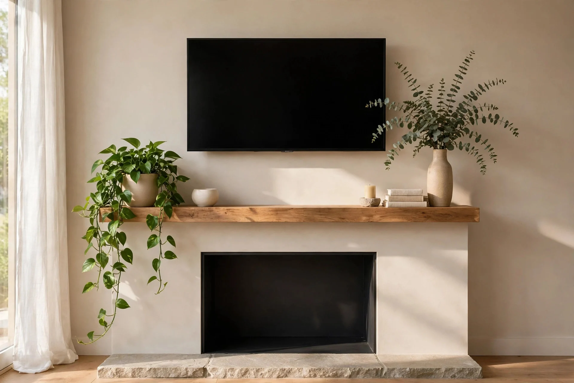 Trailing plants and eucalyptus styled on a fireplace mantel