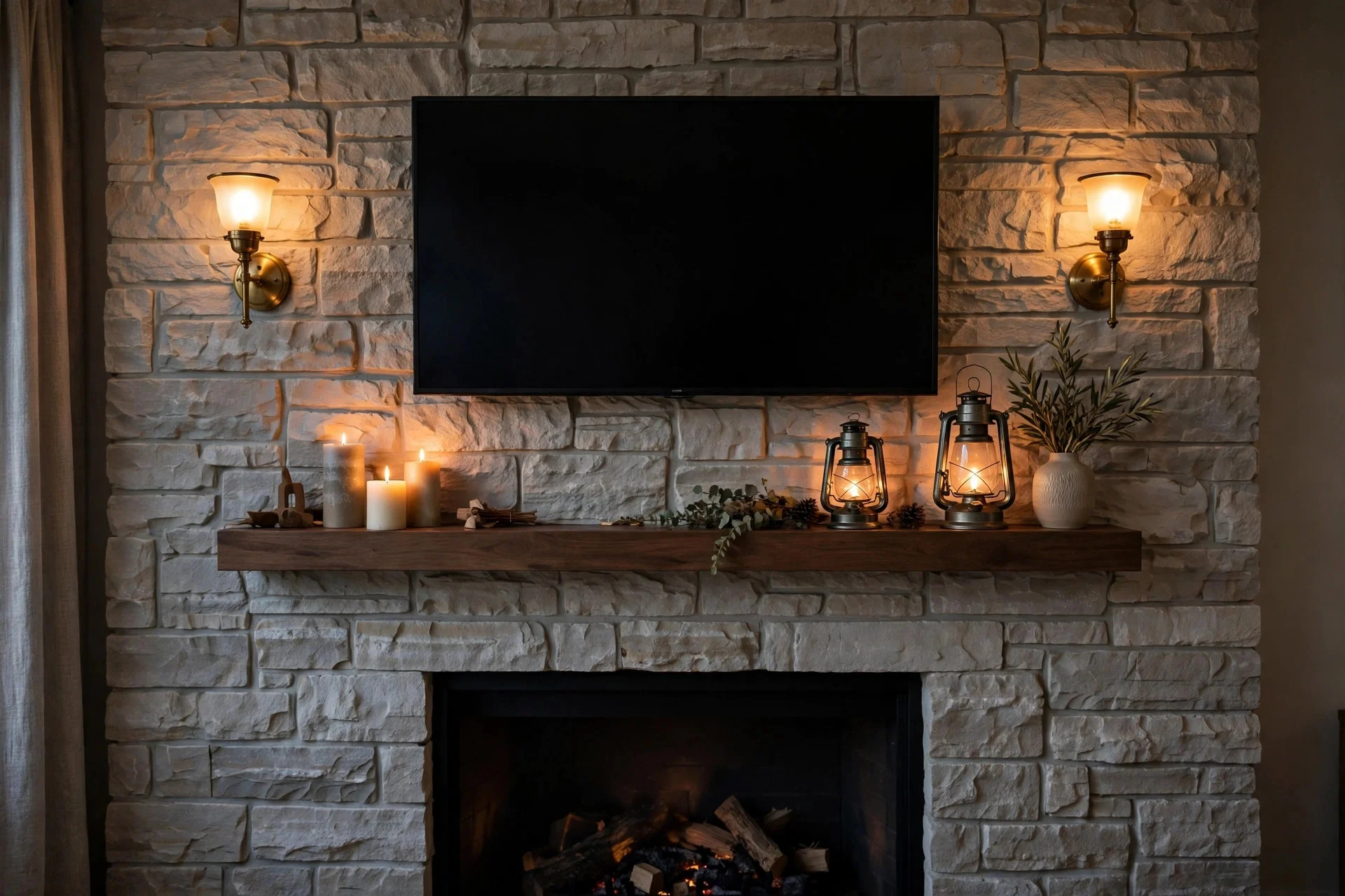 Warm wall sconces glowing on either side of a TV above fireplace
