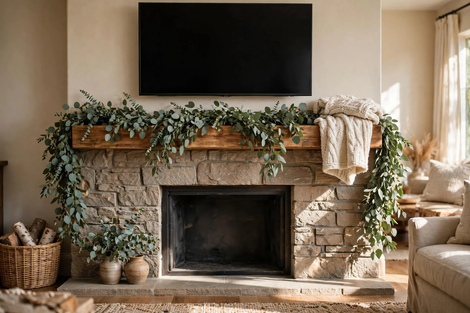 Garland and textured throw styled along a fireplace mantel under TV