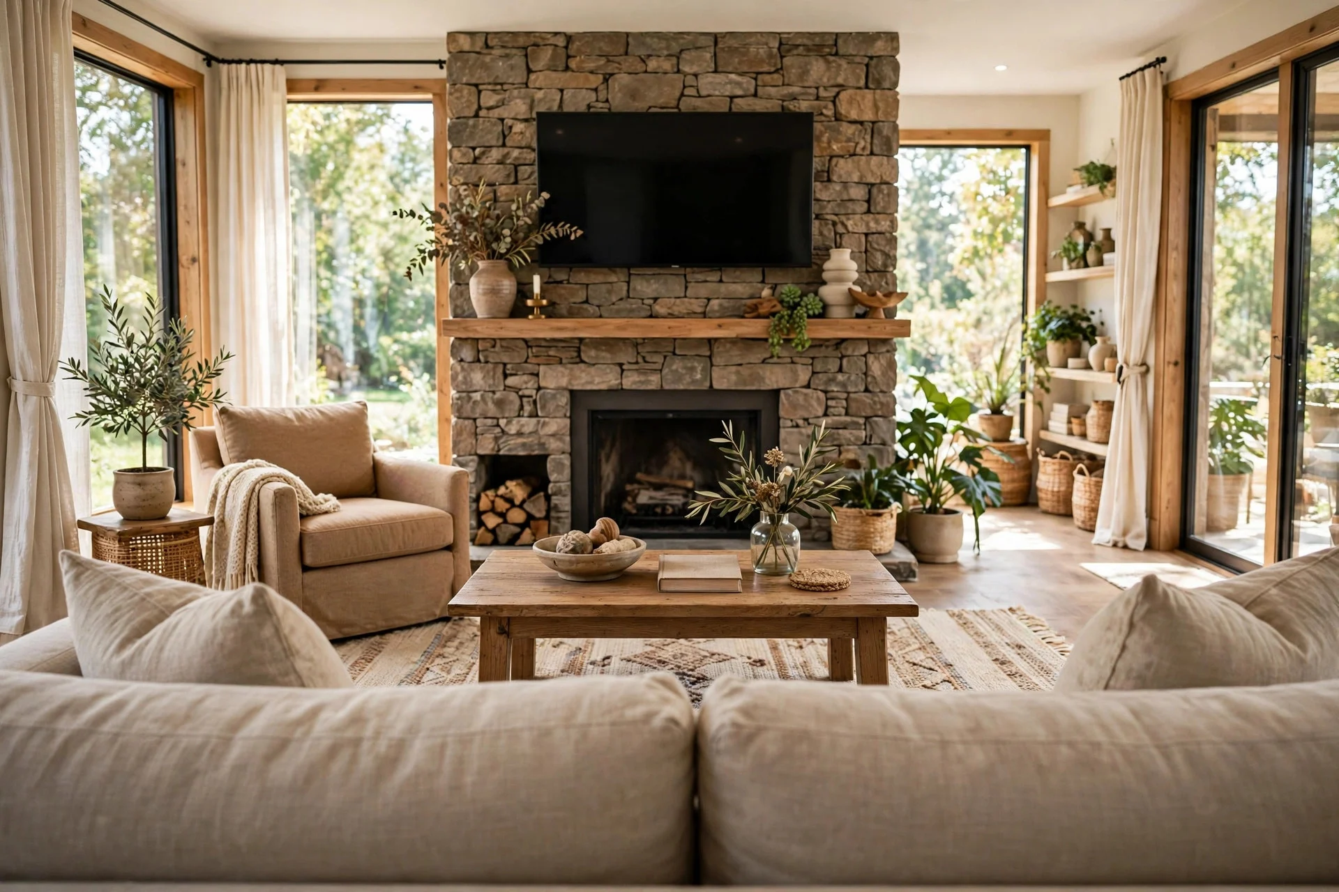Full living room view with sofa placed at proper distance from TV above fireplace