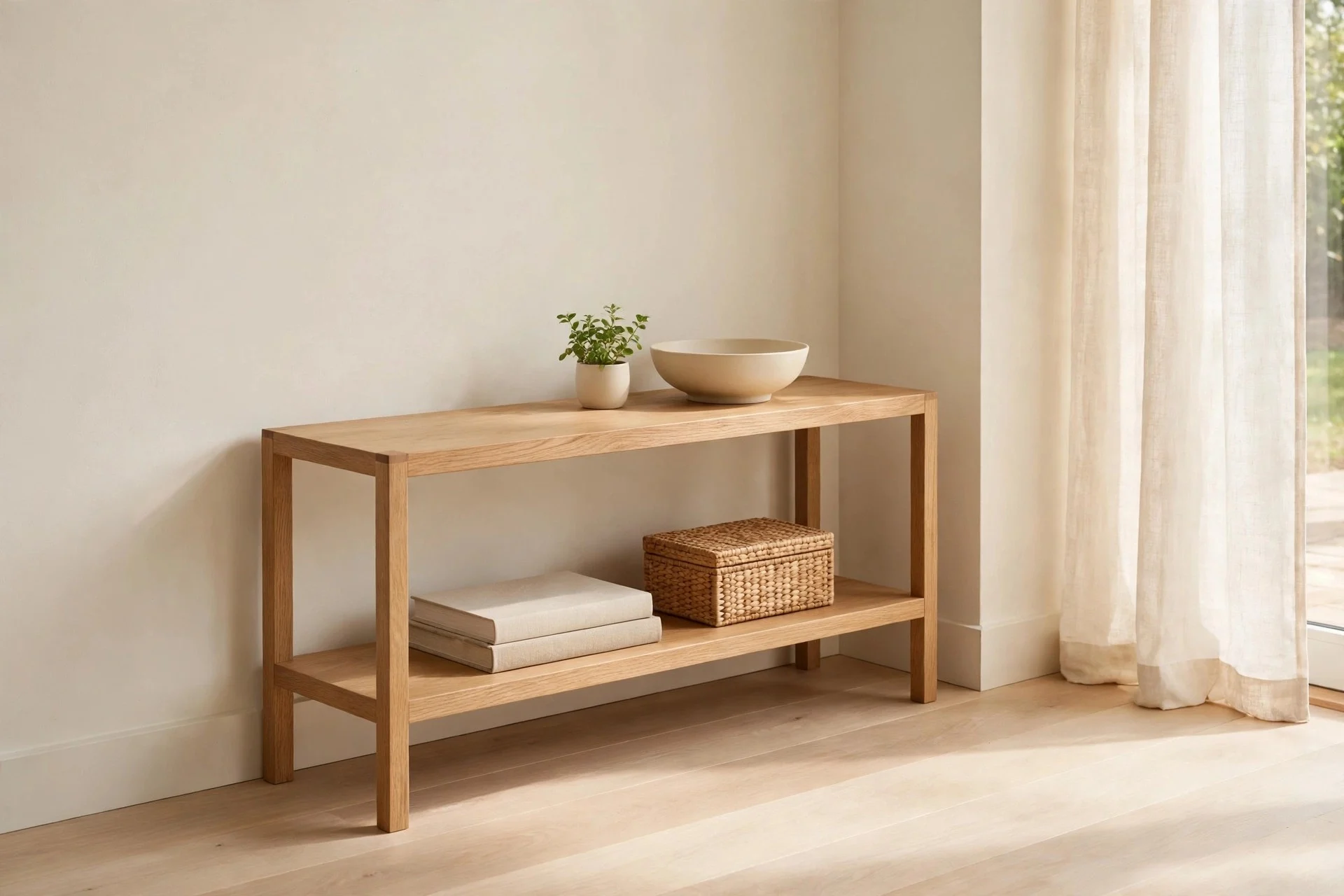 A slim oak console table in a bright living room entry corner