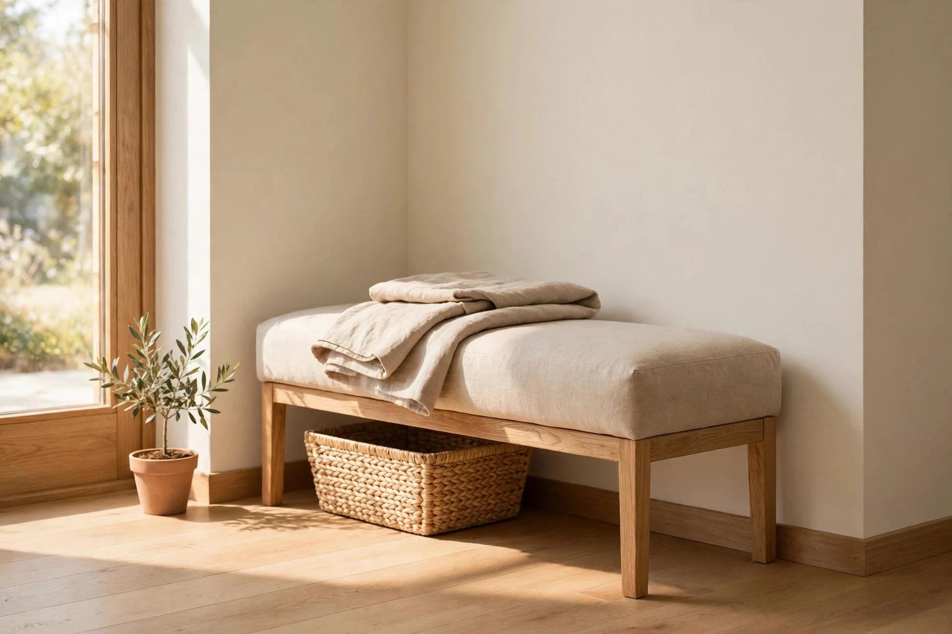 A natural linen bench with oak legs in a sunny entry corner