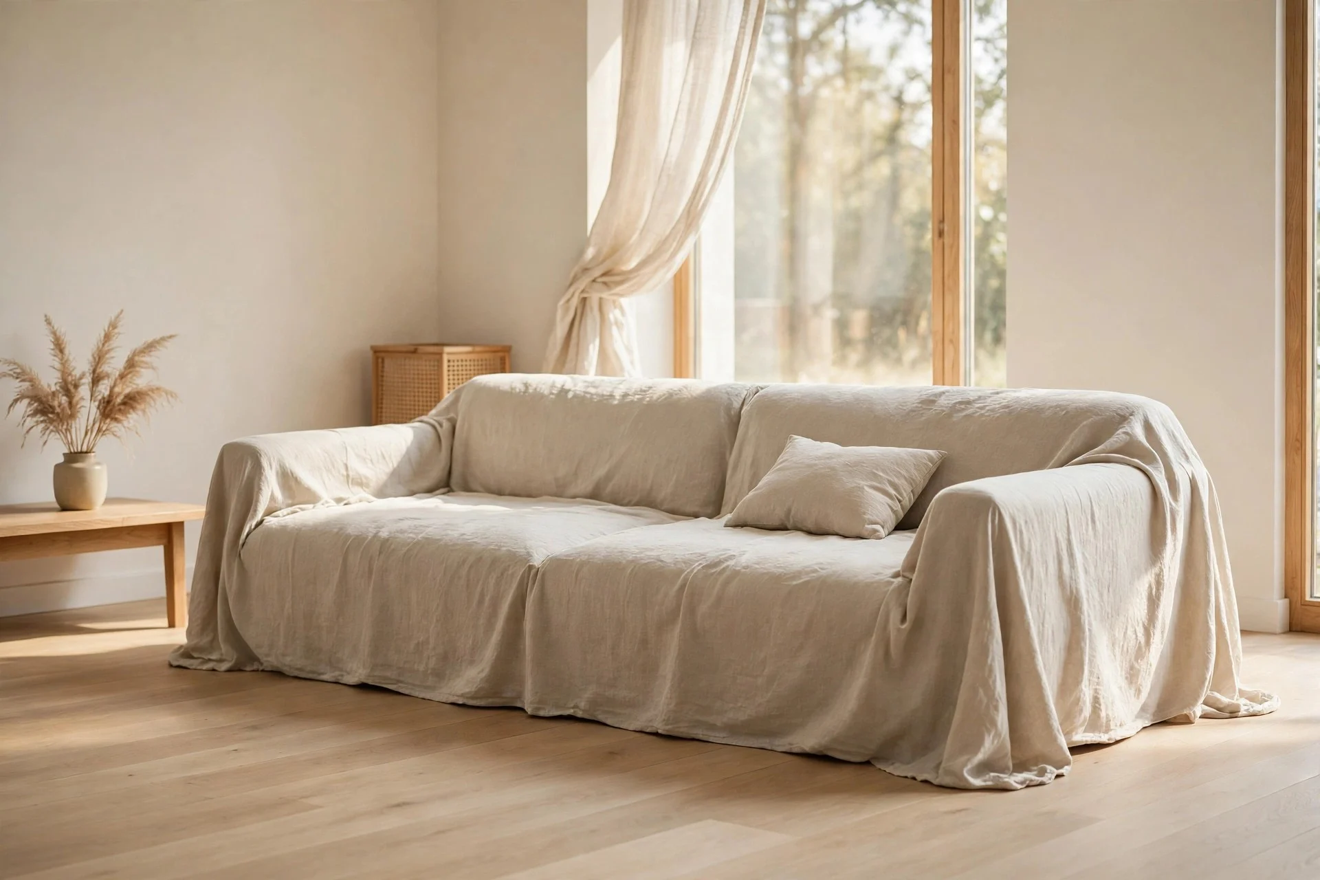A low linen slipcovered sofa in oatmeal tone in a minimalist living room