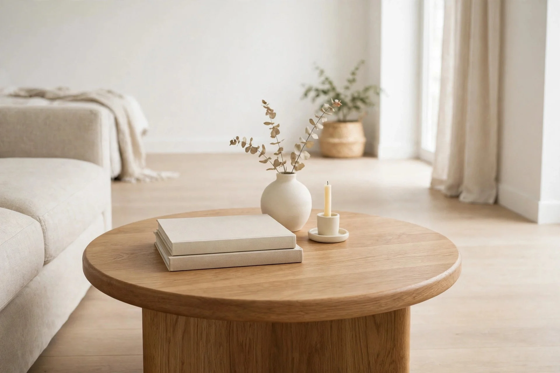 A round solid oak coffee table with books and a small vase