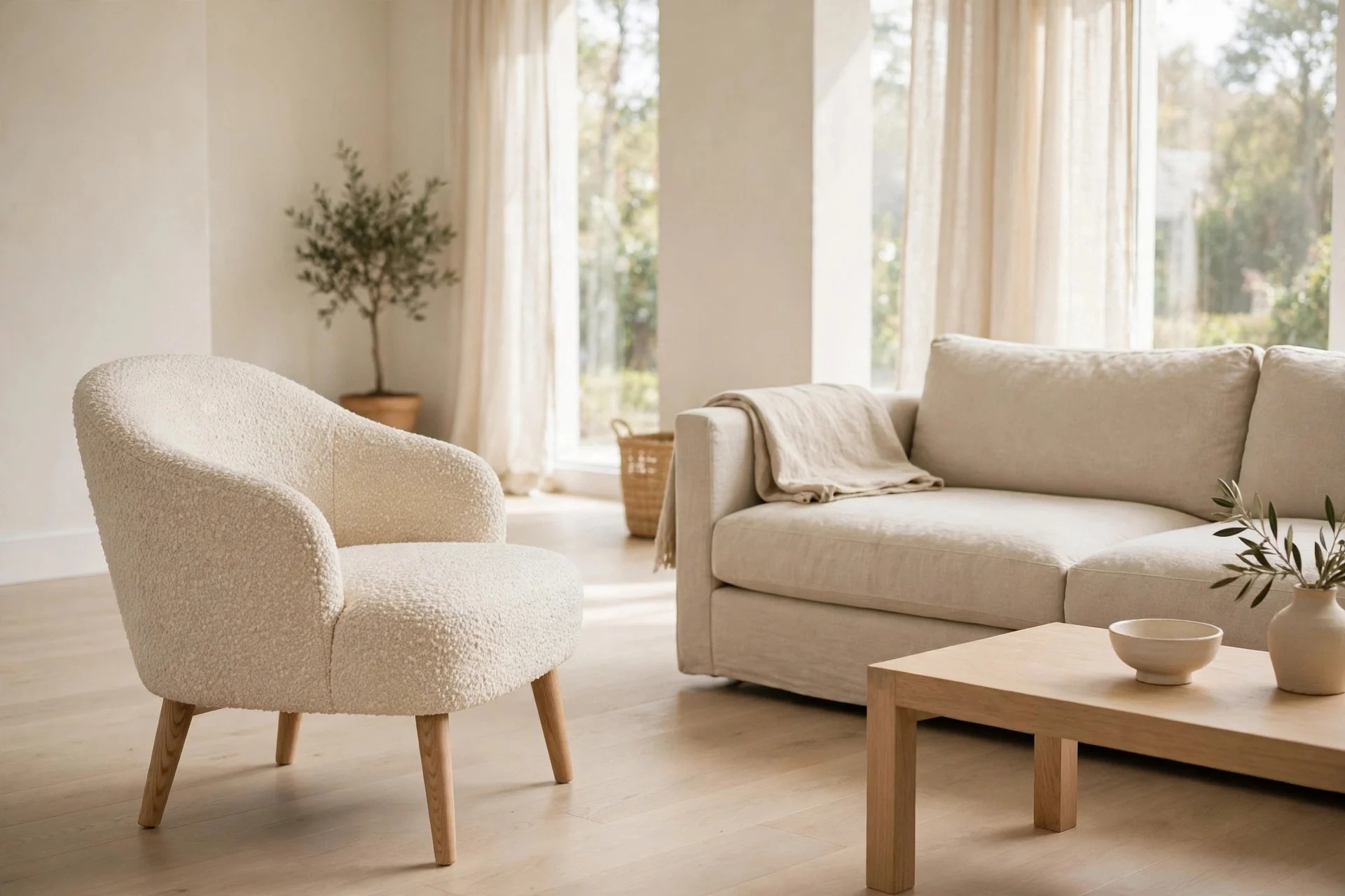 A cream bouclé accent chair angled next to a linen sofa