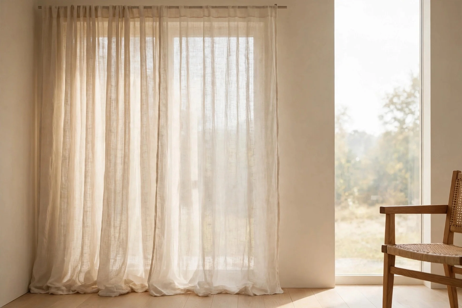 Sheer linen curtains hung from ceiling to floor beside a bright window