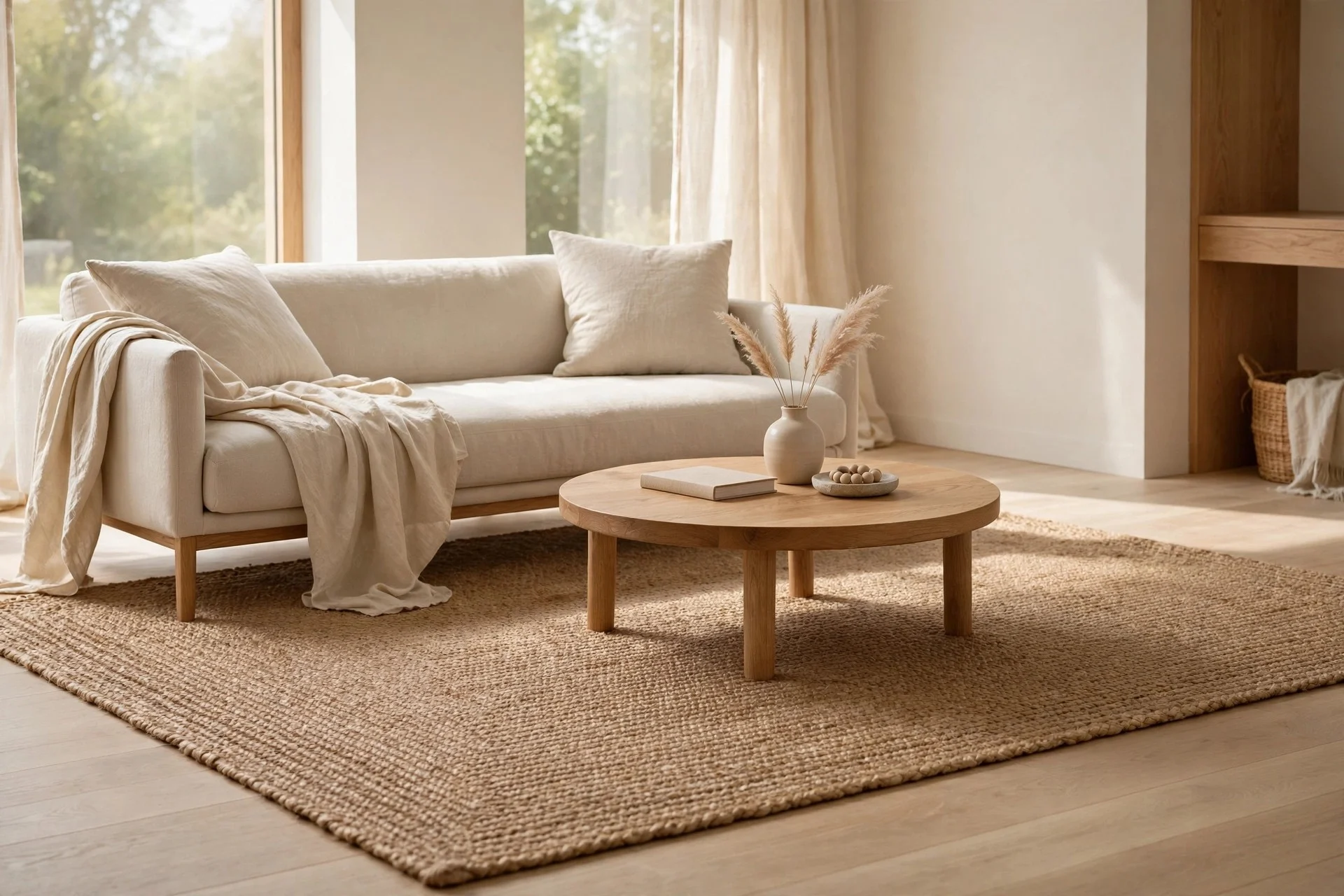 A large natural jute rug under a linen sofa with oak floor edges