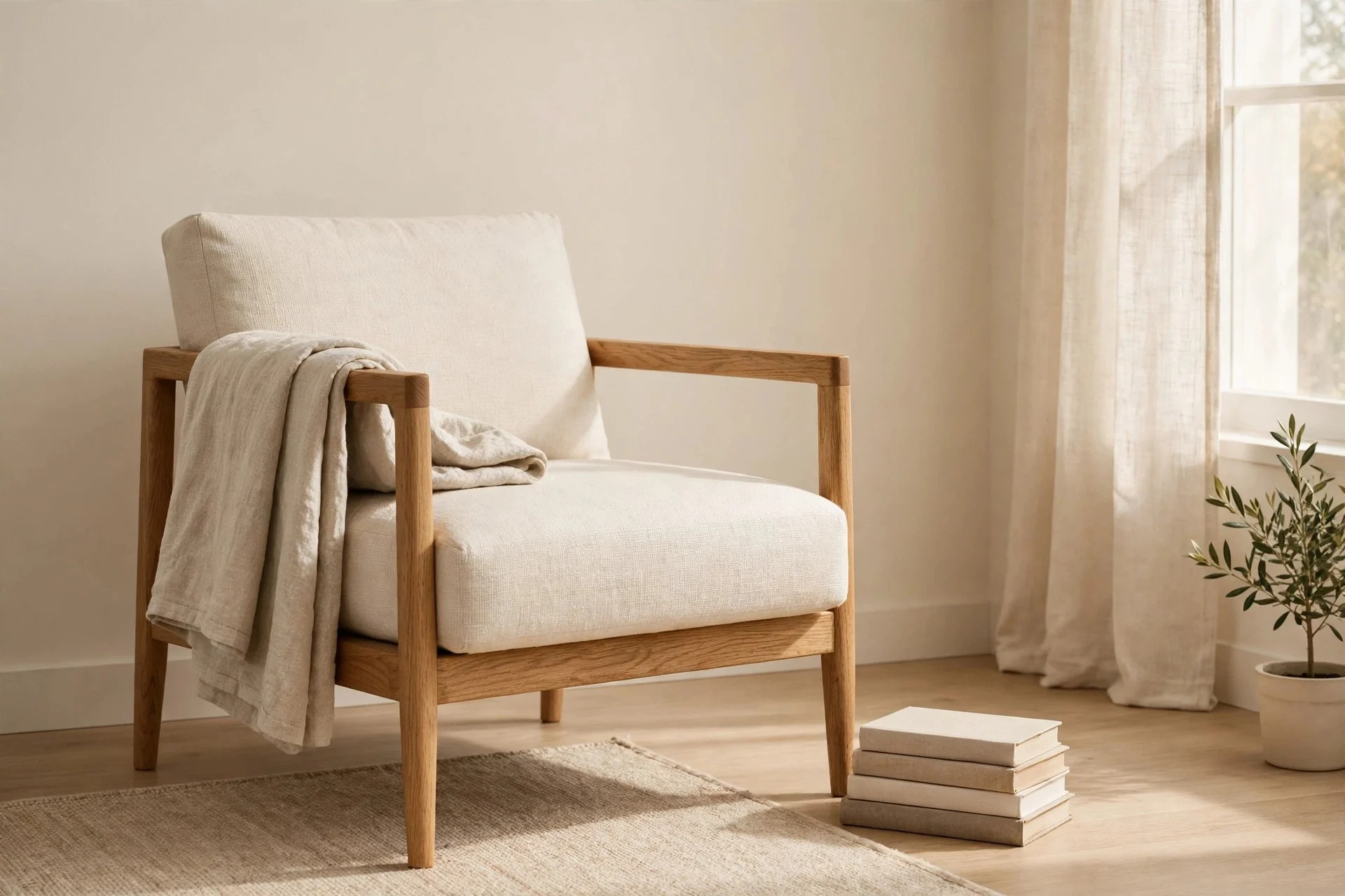 An oak framed reading chair with a folded linen throw in a cozy corner