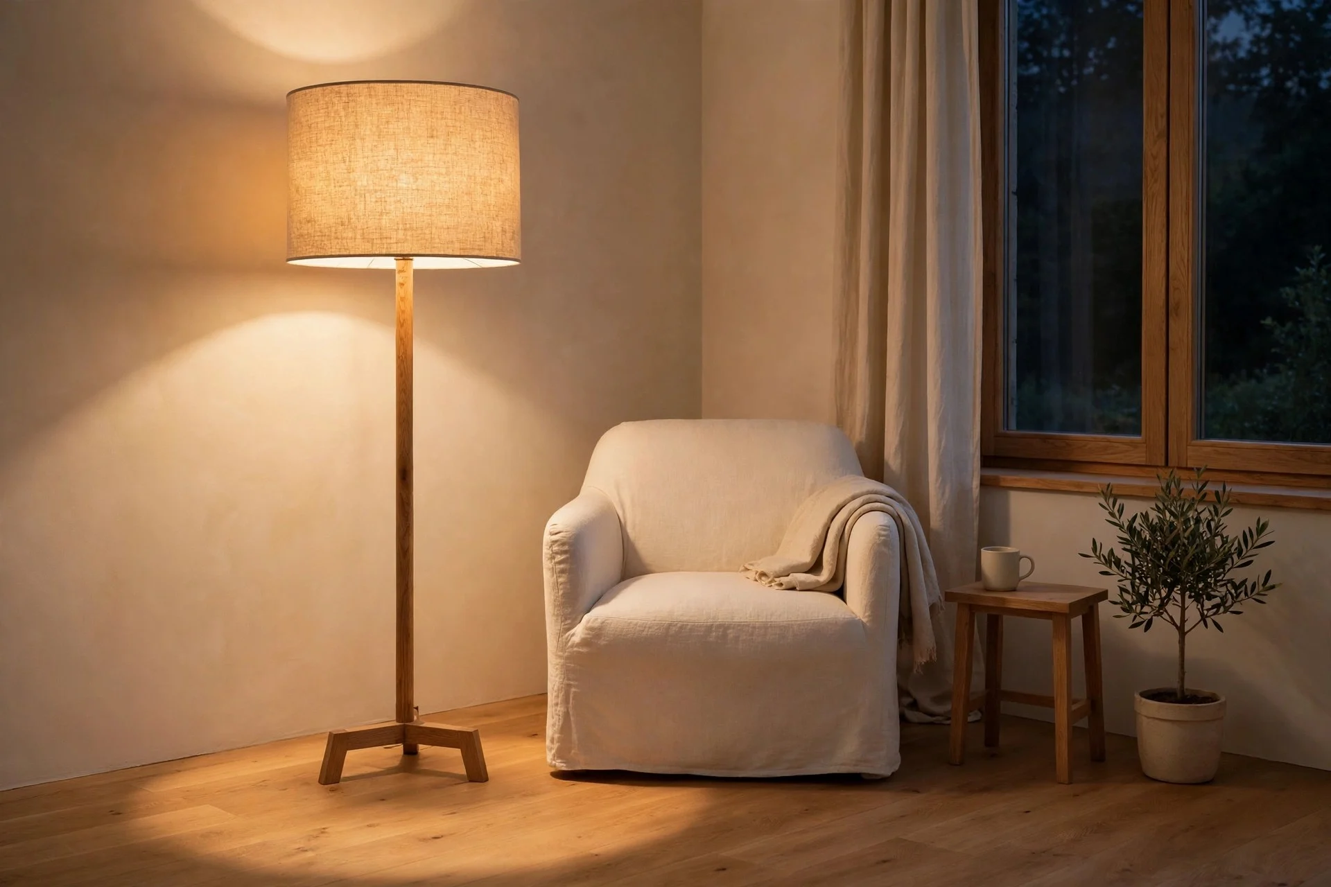A floor lamp with a linen drum shade glowing beside a reading chair
