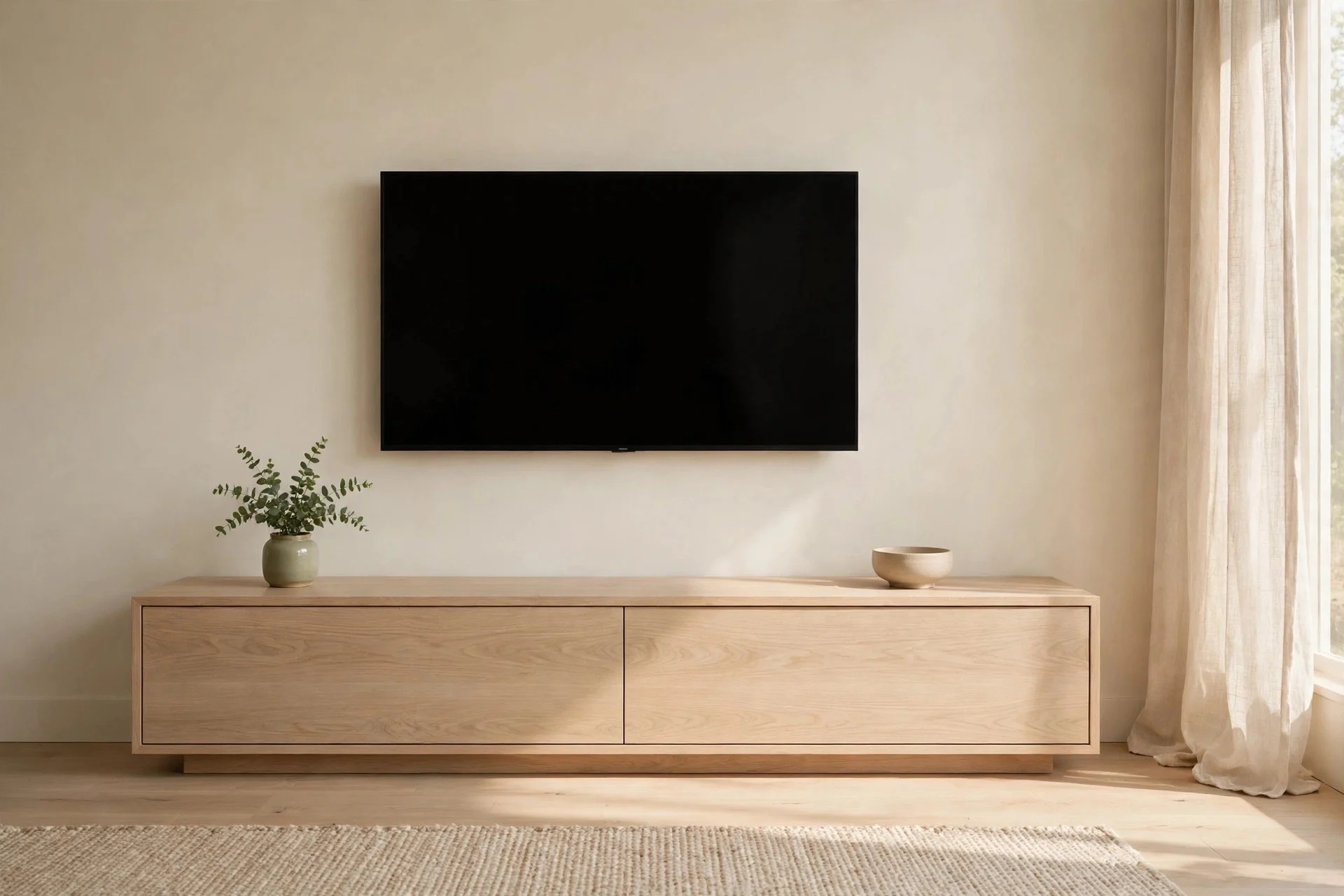 A low pale oak media console with a TV and minimal styling