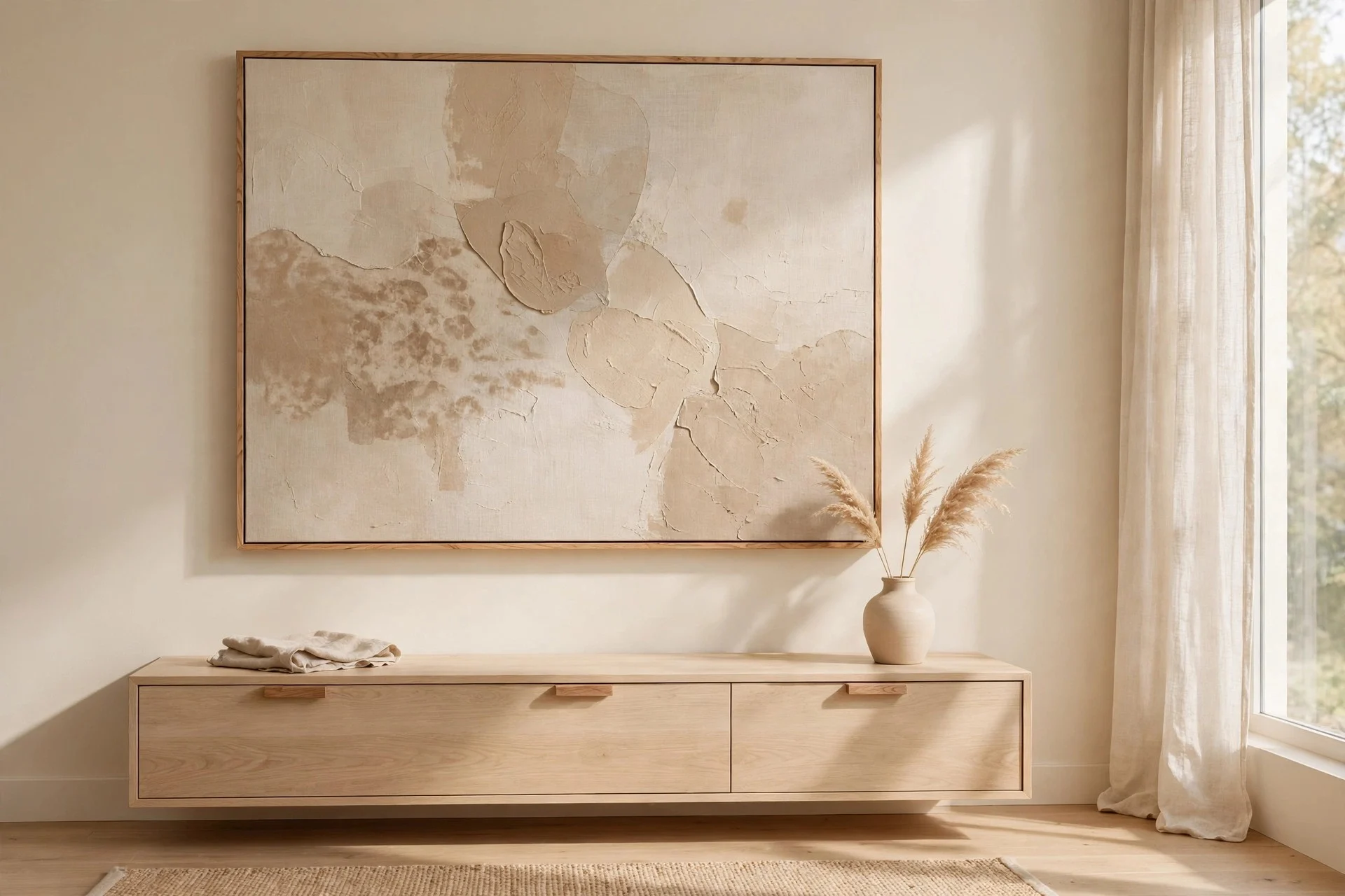 A large muted abstract canvas in an oak frame above a media console