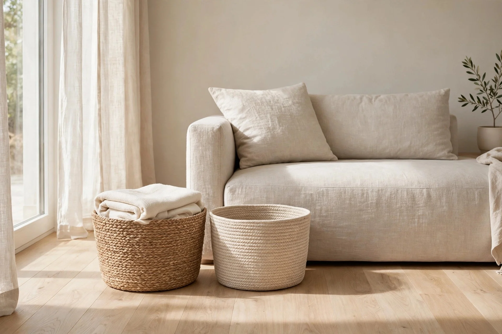 Woven linen storage baskets placed beside a sofa and reading chair